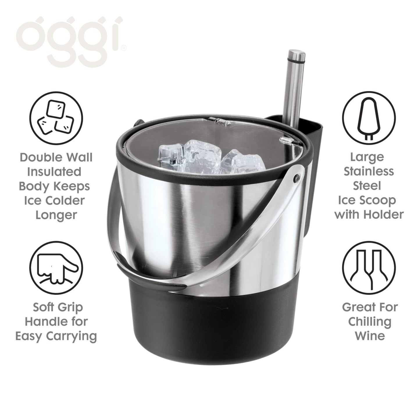 Oggi Double Wall Ice Bucket with Flip Lid and Stainless Ice Scoop, 4 Quart / 3.8 L