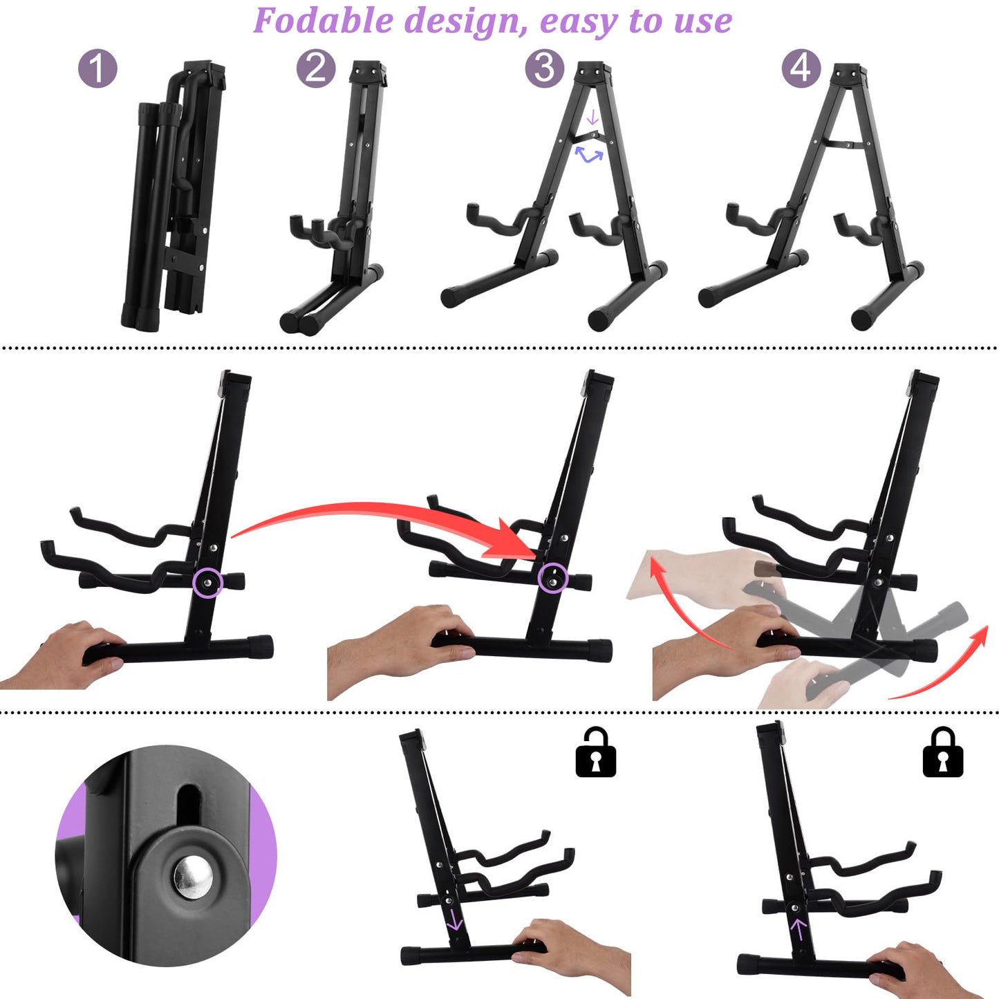 Acrux7 2 Pack Guitar Stand Metal Floor Guitar Stands Foldable Folding A Frame Guitars Stands Universal Fits Any Guitars, Acoustic, Classical, Bass (Black)