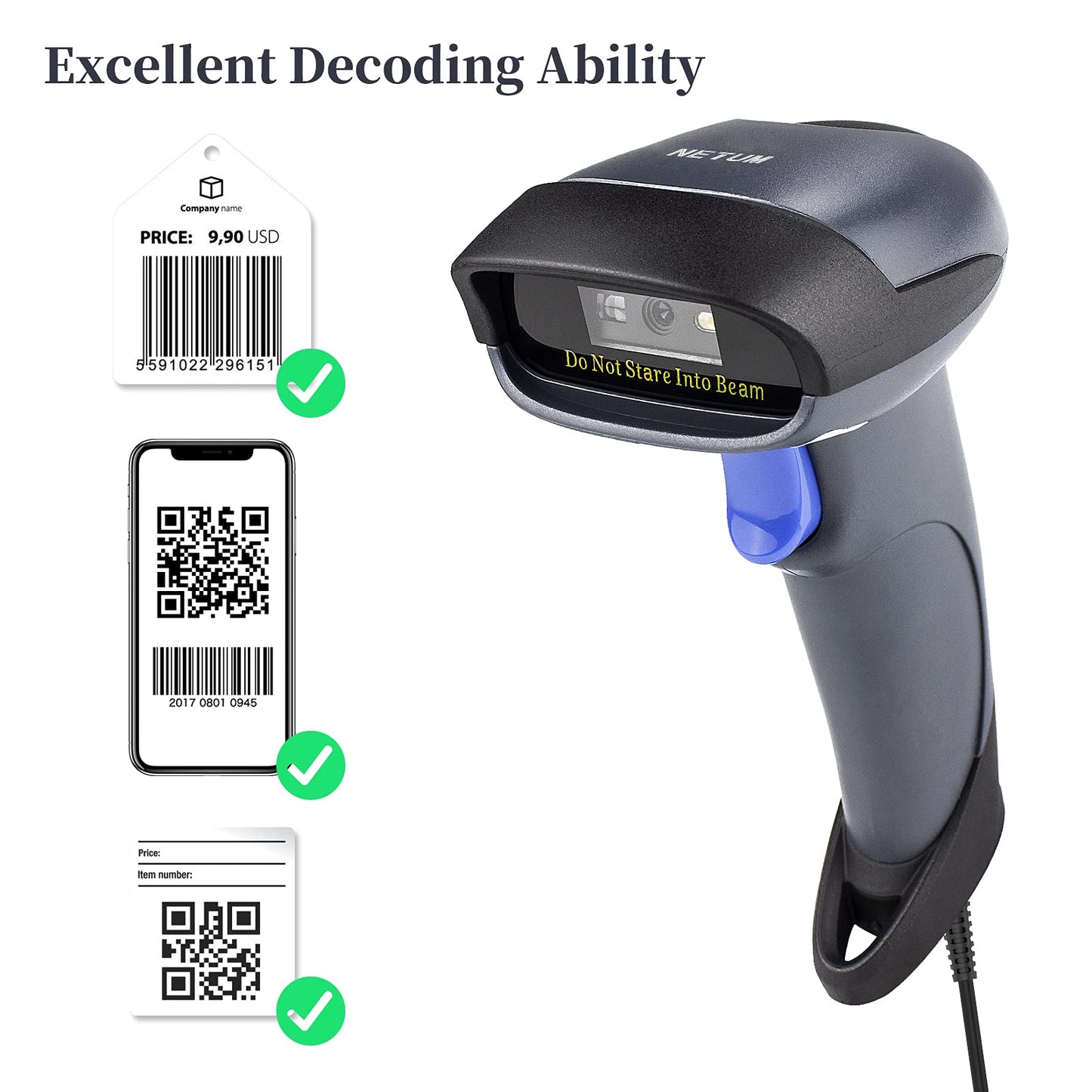 NETUM Wired QR Code Scanner, USB 1D 2D Handheld Barcode Scanner Compatible for Laptops, Computers, Cashier POS System (2D-M5S)