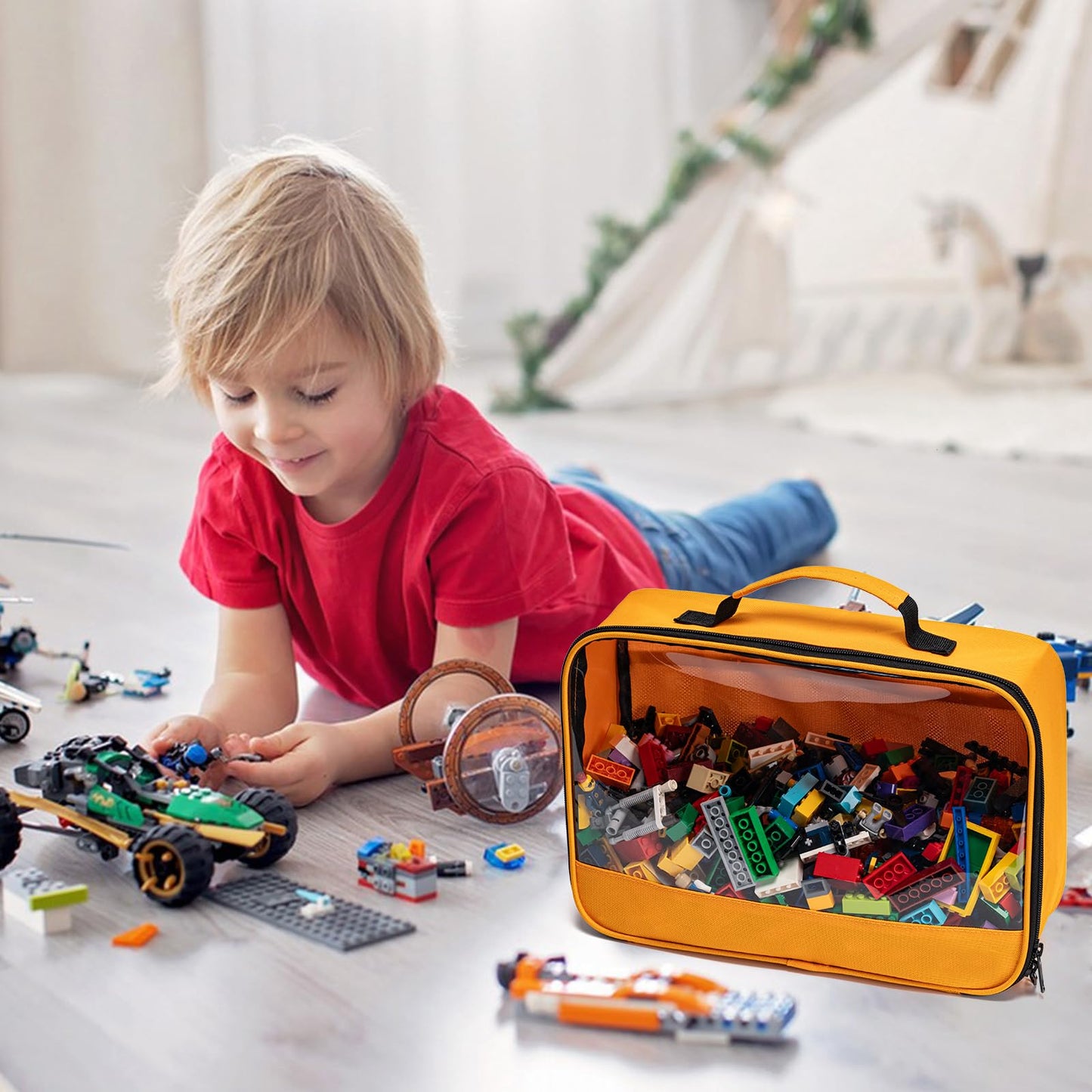 4 PCS Toys Storage Bag, Classic Building Bricks Storage Bag, Travel Case for Building Toys, Puzzles, Toys Cars