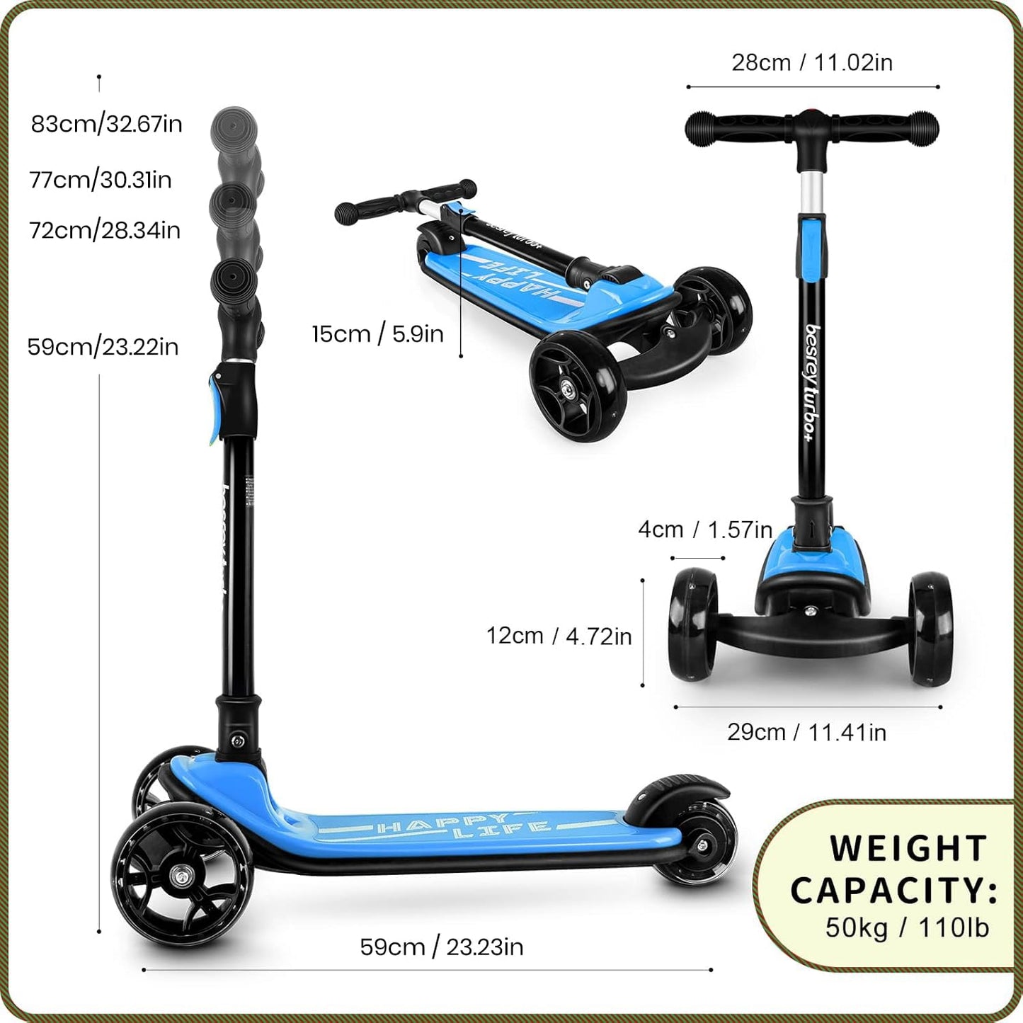 besrey Kick Scooters for Kids Ages 3-10, 3 Wheel Scooter for Kids with Adjustable Height, Folding Kids Scooter with LED Light Wheels Rear Brak Extra Wide Deck Outdoor Activities for Boys/Girls