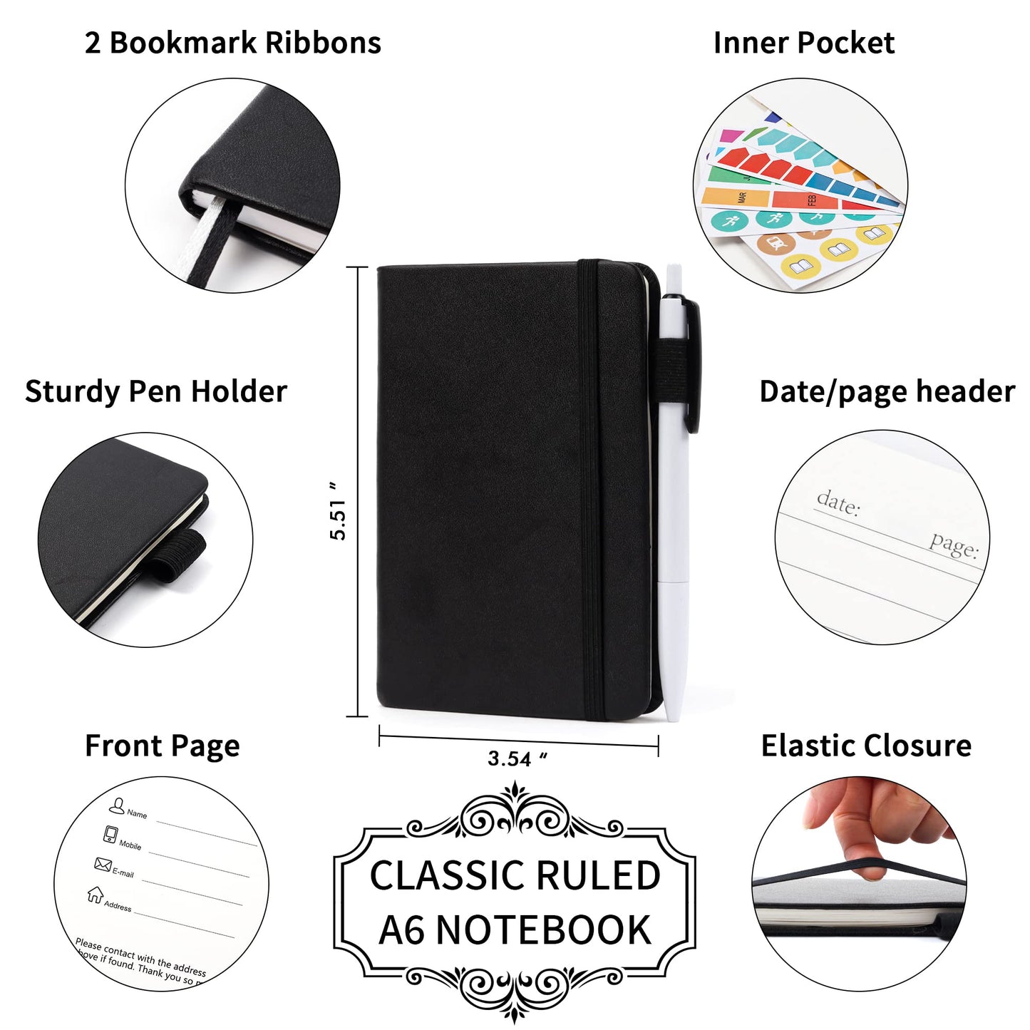 feela 15 Pack Pocket Small Notebooks Bulk, Mini Cute Notepads Hardcover College Ruled Lined Journals with Pen Holder for School Business Memos, with 15 Black Pens, 3.5”x 5.5”, A6, Black
