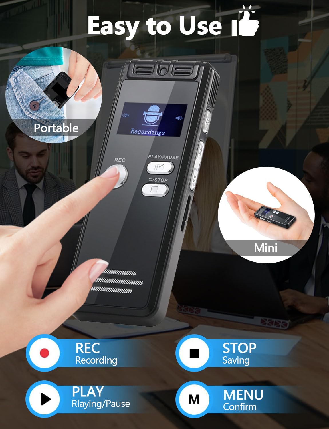 128GB Digital Voice Activated Recorder with Playback - 9104 Hours Audio Device, 3072 Kbps HD and Noise-Canceling Voice-Activated Recording for Lectures/Meeting