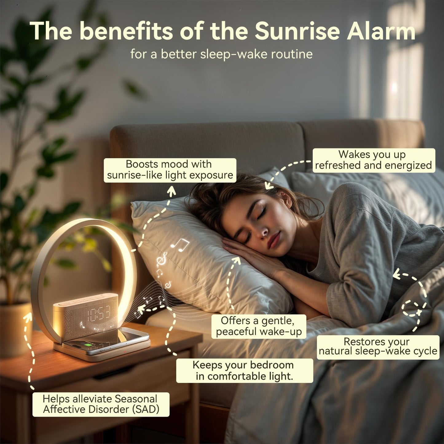 Vivilumens Sunrise Alarm Clocks Wireless Charger, 10 White Noise Sound Machine Alarm Clock with 30/60/90 Mins Timer, 3 Levels Touch Night Light, Dual Clocks for Heavy Sleepers, Ideal Gifts for Her