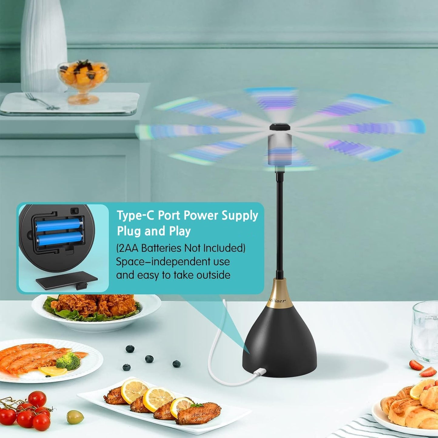 Neijiaer Fly Fans for Tables, USB or Batteries Powered, Soundless and Portable Fly Fan, Keeps Your Food Clean, Practical Fan with Soft Blades (Black 2 Packs)