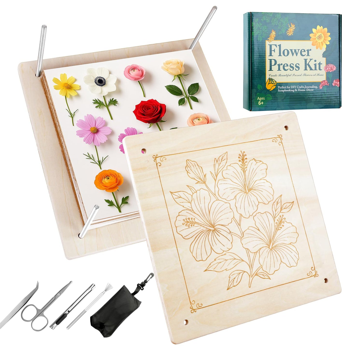 11x 11 Inch Wooden Flower Press Kit – Large Flower & Plant Presser for Adults and Teens, Ideal for DIY Dried Flower Art, Bouquet Preservation & Nature Crafts