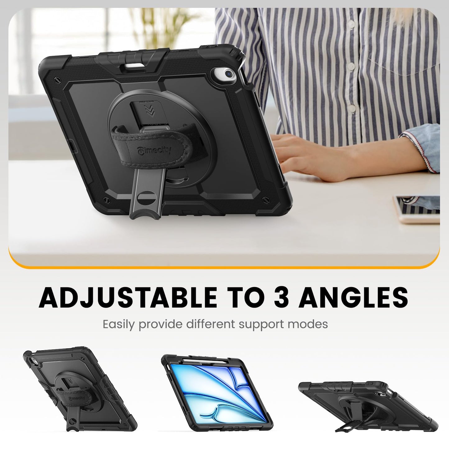 Timecity Case for iPad Air 13 Inch 2024/2025(M2/M3) with Screen Protector/360° Rotating Stand/Soft Hand Strap/Pencil Holder Should Strap Shockproof for iPad Air 13" -Black