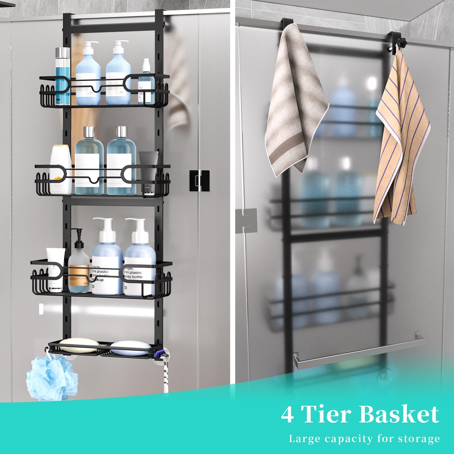 HapiRm Adjustable Shower Caddy Hanging - 4-Tier No Drilling Over The Door Shower Caddy, Rustproof Shower Organizer Hanging with 2 Soap Holders & 22 Hooks, Bathroom Shelves for Shampoo, Conditioner