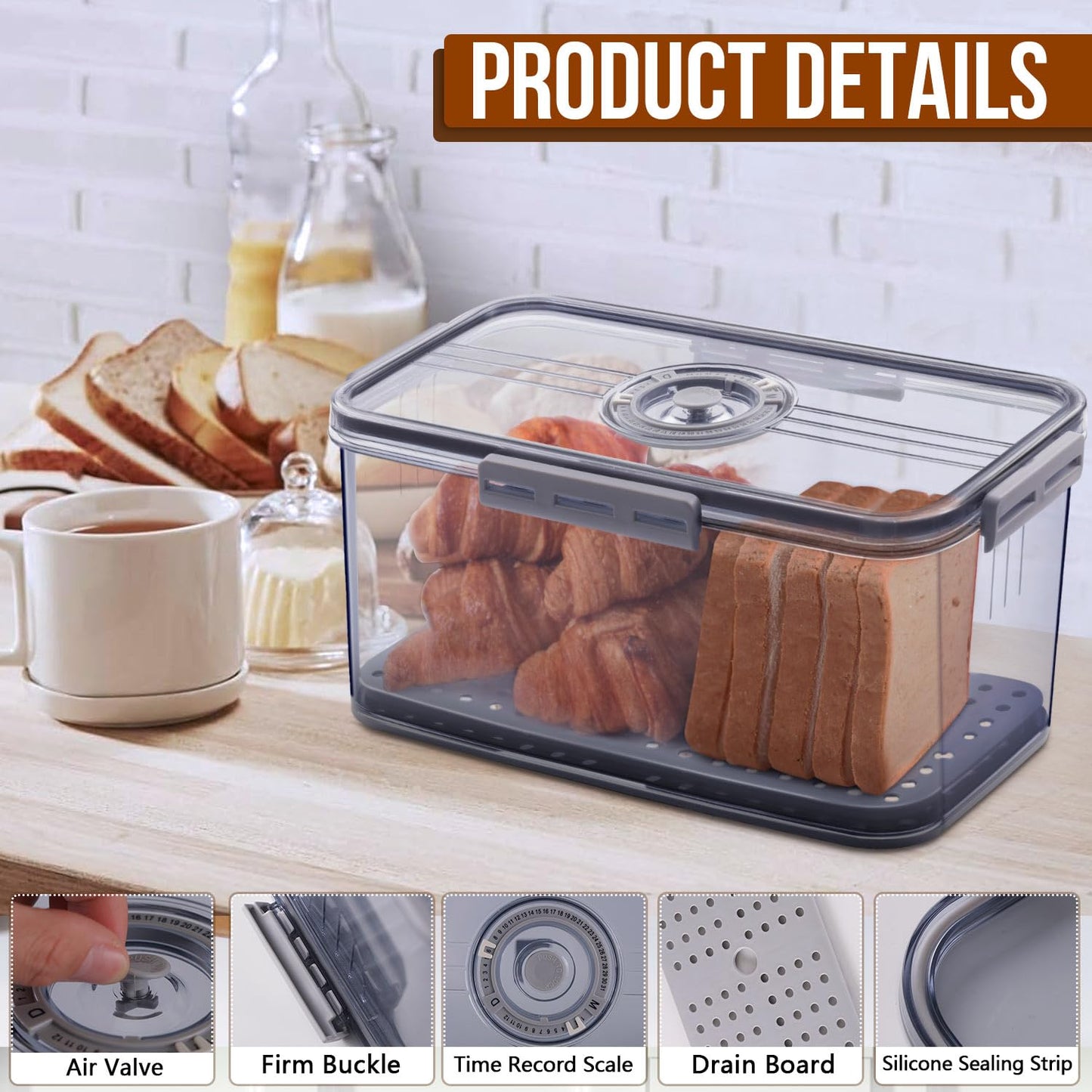 Gifhomfix Bread Box Bread Boxes for Kitchen Counter Airtight, Time Recording Bread Storage Container with Lid, Bread Keeper for Homemade Bread, Toast, Bagel, Donut and Cookies, LARGE