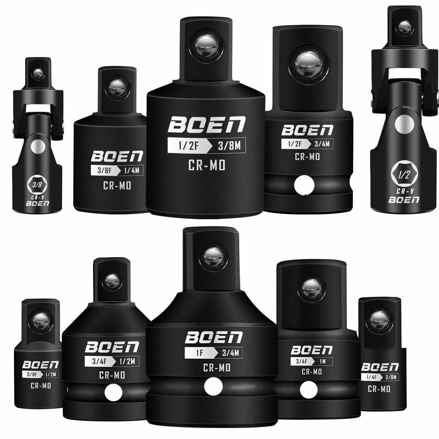 BOEN 10-Piece Impact Socket Adapter and Reducer Set, Standard SAE 1/4" 3/8" 1/2" 3/4", CR-MO Steel Driver & Wrench Conversion Kit Socket Reducer with 3/8" & 1/2" Universal Joint