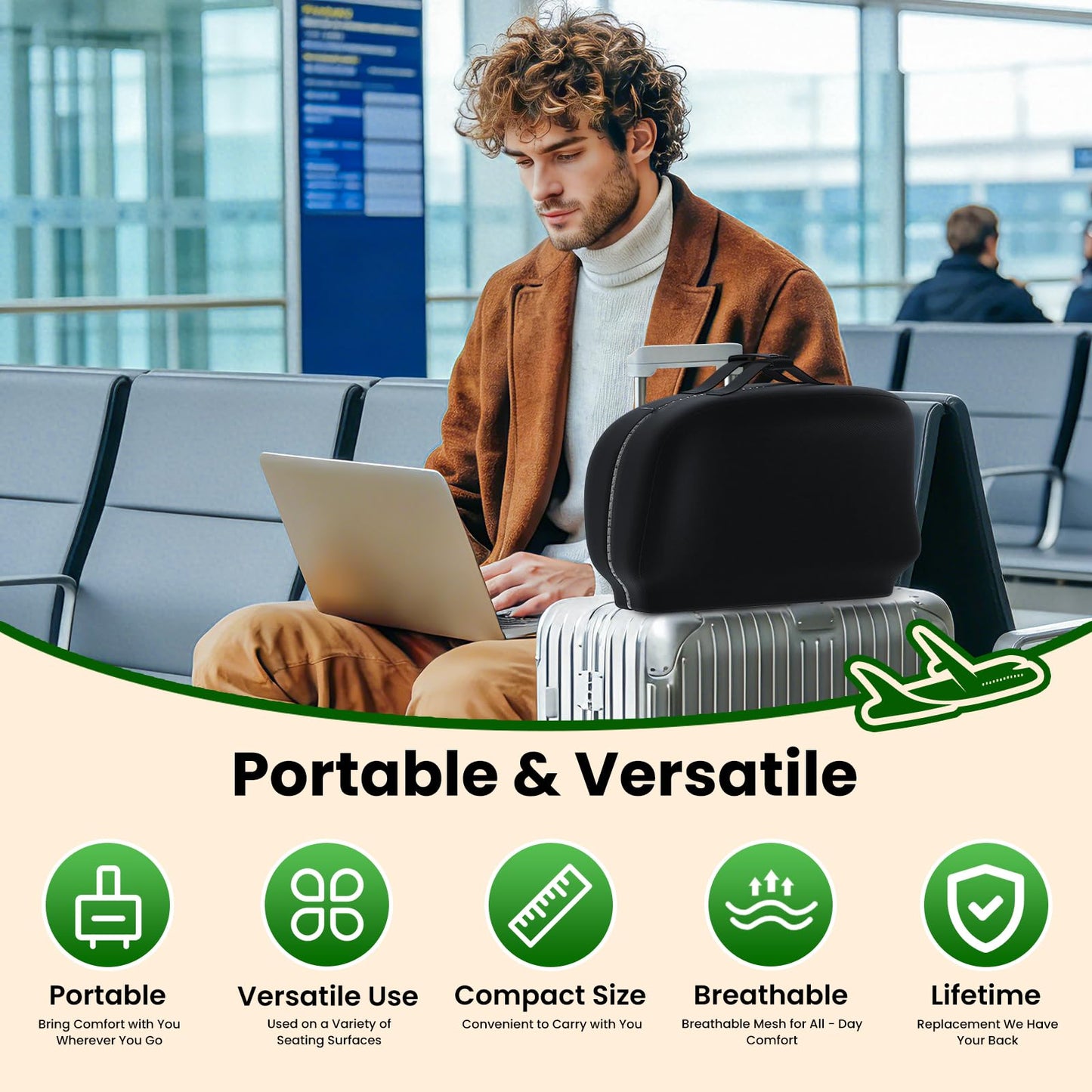A-Pce Apce Foldable Travel Seat Cushion-with Built-in Handles，Memory Foam Cushions for Relief of Lower Back, Sciatic, Butt and Tailbone Pain-for Home & Office Use, Perfect for Travel or Driving-Black