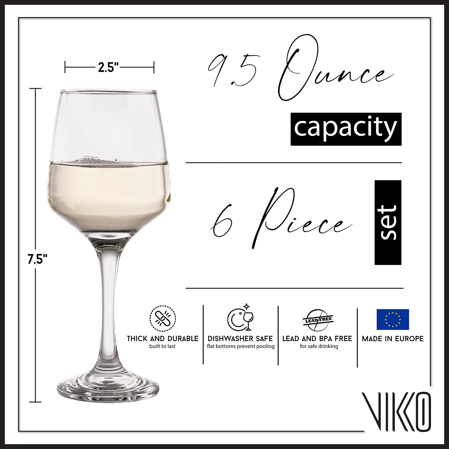 Vikko Wine Glasses, 9.5 Ounce White Red Wine Glasses Set of 6, Lead-Free Premium Crystal Clear Glass, Elegant Style Long Stem Wine Glasses, Great Wedding, Houswarming, Holiday Gift