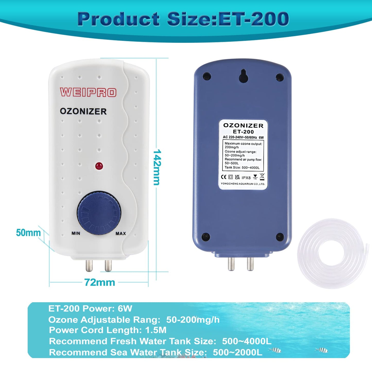 Aquarium Ozonizer 200mg/h Adjustable, Suitable for 135 ~ 530 Gallon Freshwater and Saltwater, Fish Tank or Small Pond, Can Work with ORP Controller, ET-200(200mg/h)