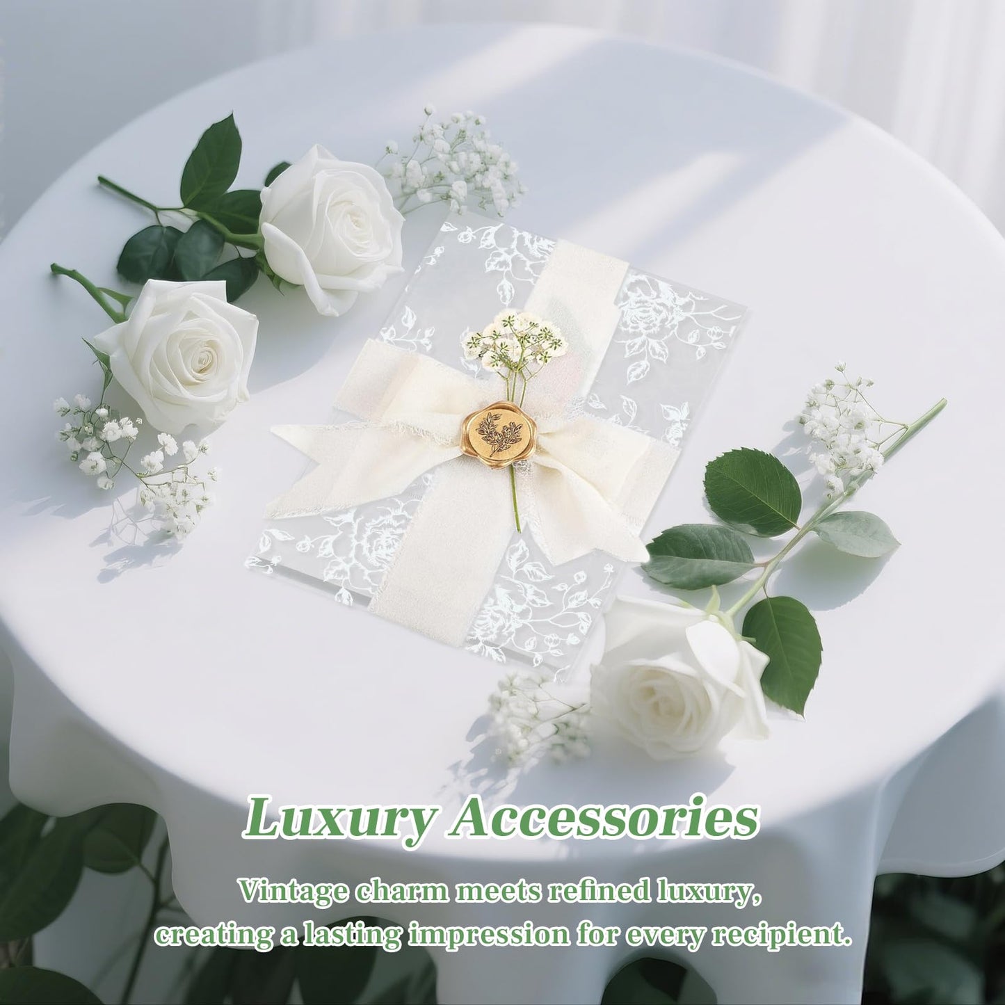 Wedding Invitation Accessories Kit, Pre-Folded Vellum Jackets for 5×7 Invitations with Wax Seal Stickers, Ribbon & Dried Flowers, Wedding Invitation Accessories for DIY Bridal Invites (50, White, Rose)