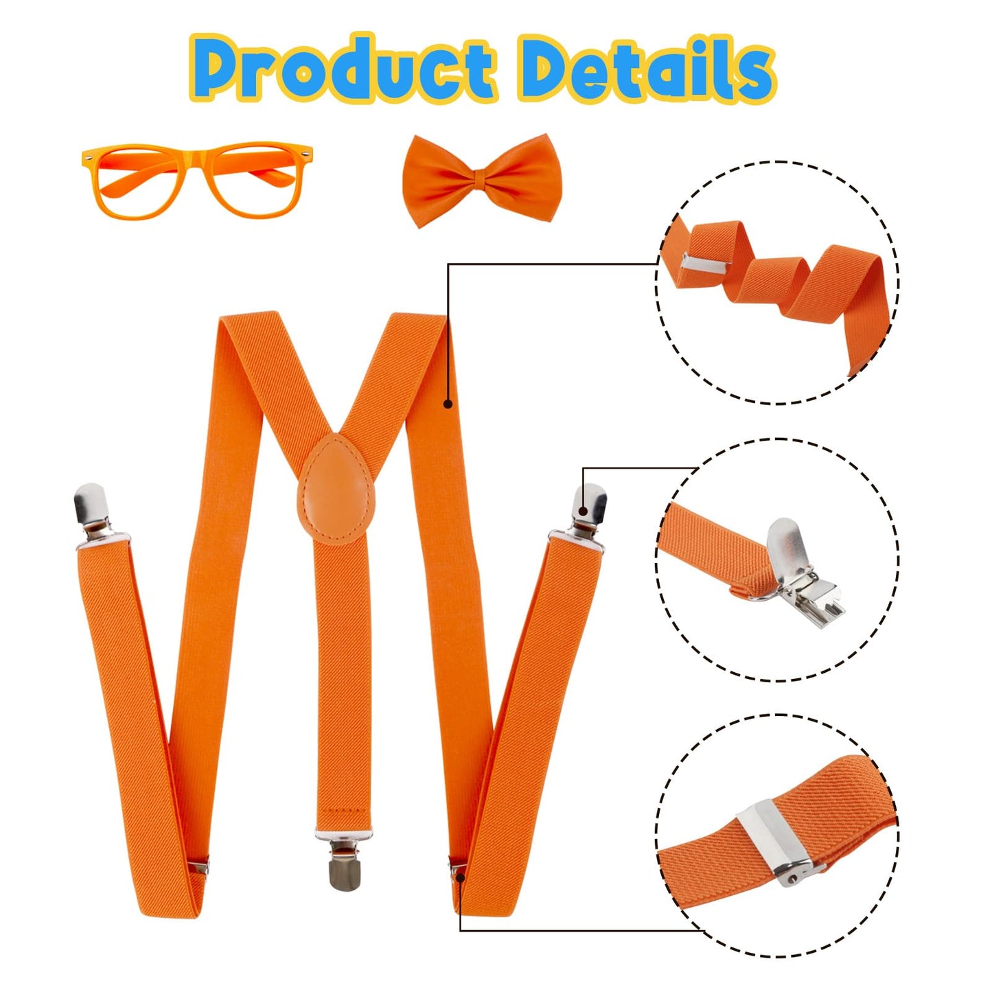 Kids Costume Set - Orange Bow Tie, Suspenders, Hat & Glasses for Dress Up & Halloween | Boys & Girls Roleplay Accessories