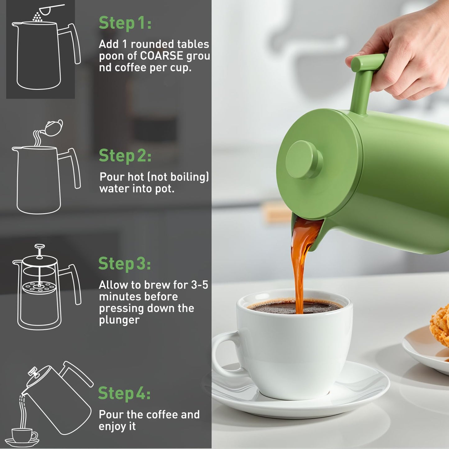Secura 50oz French Press Coffee Maker – 304 Stainless Steel, Insulated Coffee Press with Extra Filter, Green