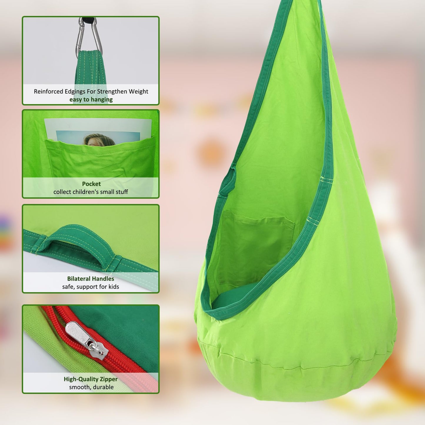 YAERSI Kids Pod Swing Seat 100% Cotton Child Hammock Chair with PVC Inflatable Cushion for Indoor and Outdoor Use Portable