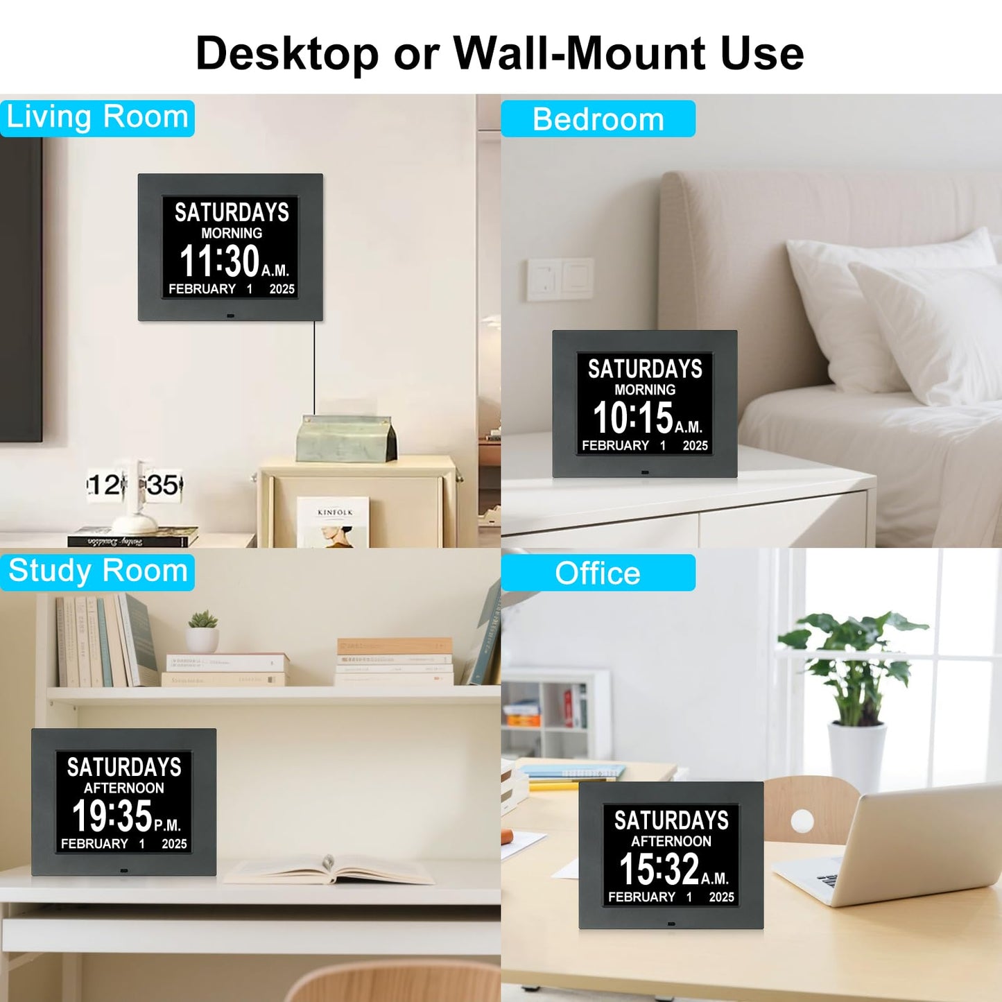 KASTISS 8 inch Digital Clock for Seniors, Calendar with Date & Week and Time for Elderly, Large Display Dementia Clock with SD Card Slot, Programmable Medication Reminder (Black)