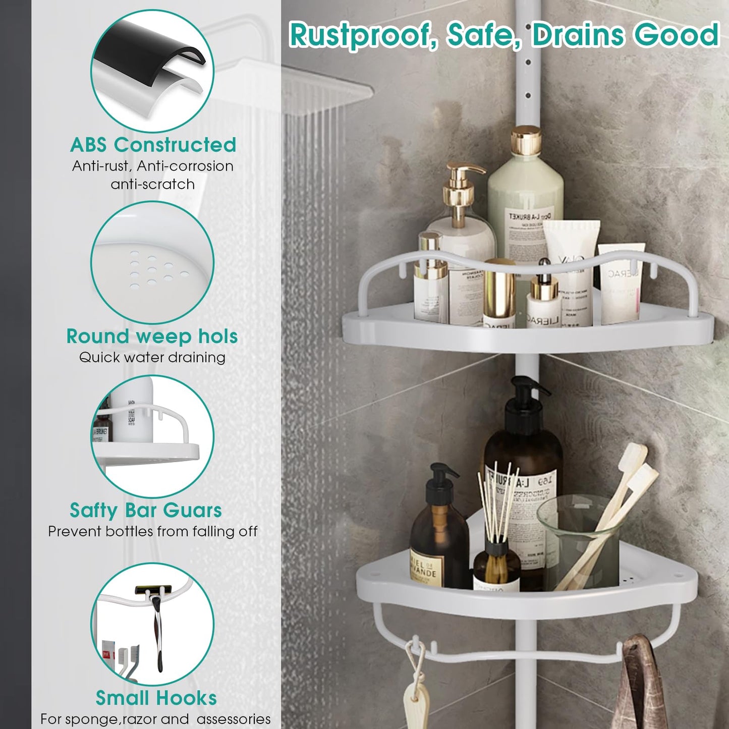 Shower Caddy Corner, 56 to 125 Inch Adjustable Tension Pole Corner Shower Caddy with ABS Baskets,Rustproof Stainless Pole, Drill Free Shower Rack, Large Shower Storage Shelf Rack for Inside Shower