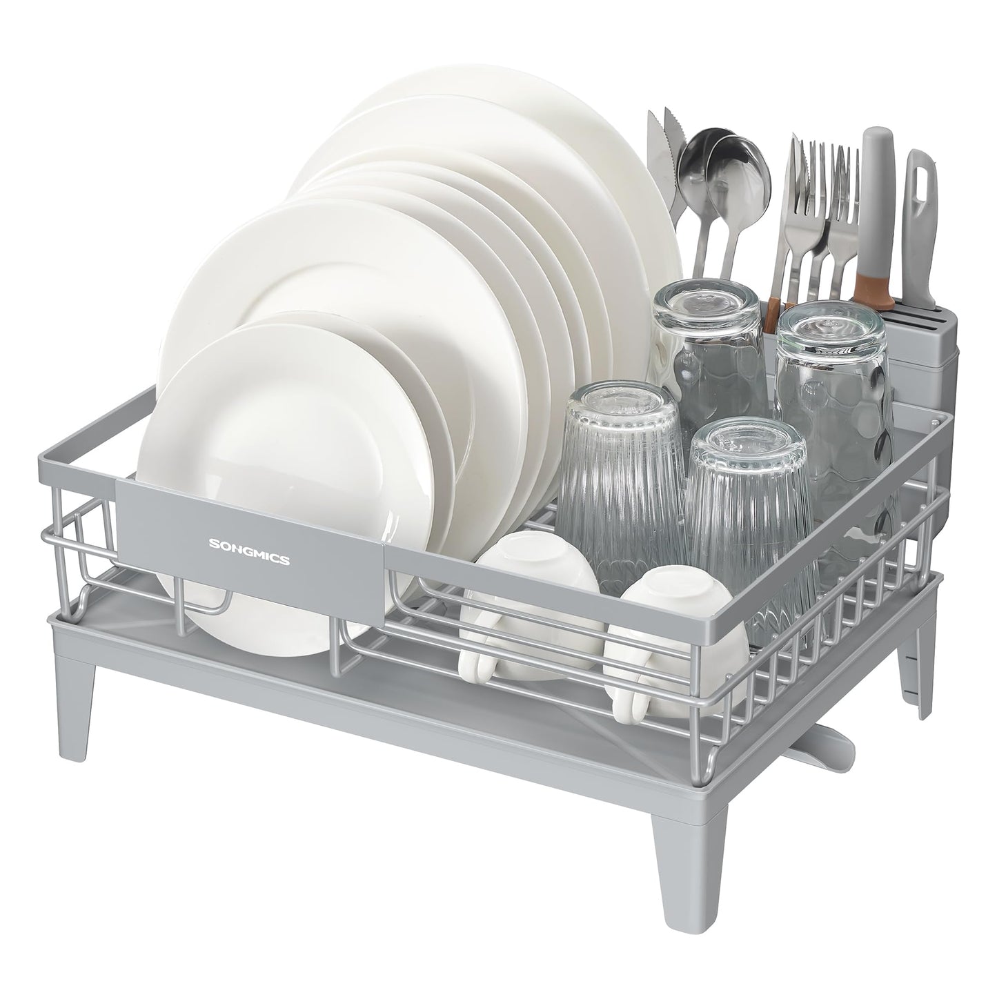 SONGMICS Dish Drying Rack, Kitchen Dish Rack, with Drainboard, 360° Rotatable and Extendable Spout, with Cutlery Holder, 31 x 42 x 18.5 cm, Dove Gray UKCS550G01