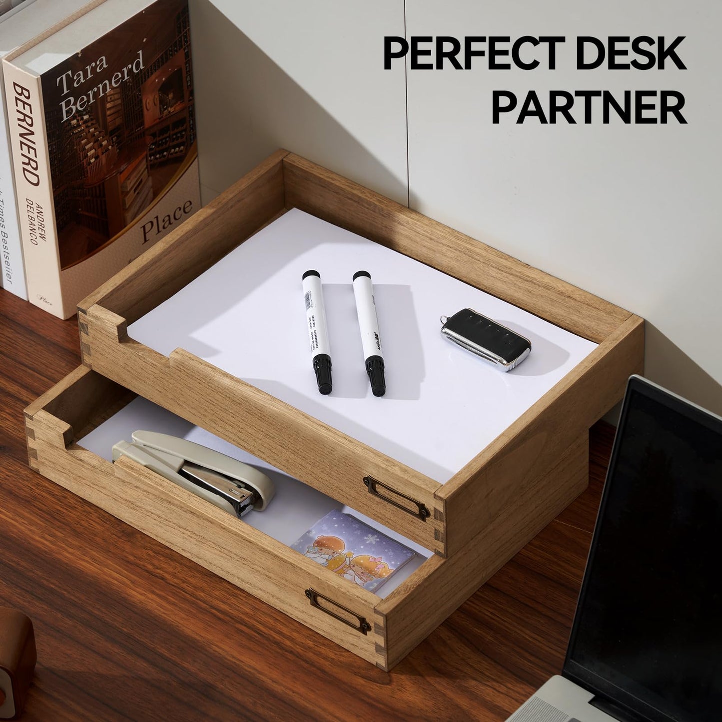 Kirigen Wooden Stackable Office Letter Organizer Desk Tray Pack of 2 - Wood Two Tier Tray for Desktop Organizeration with Metal Label Card Holder - Inbox Tray for Desk,Dark Brown,2TTP-DBR