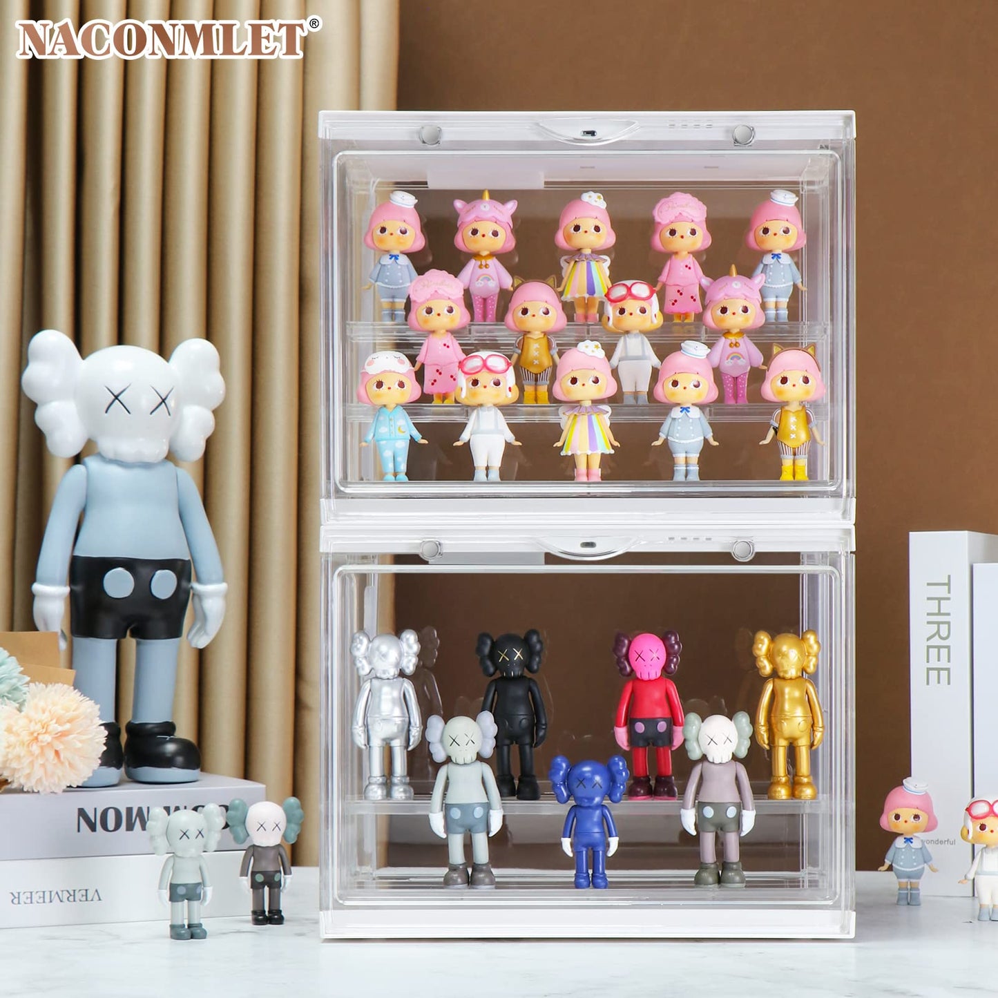 Naconmlet Clear Display Case for Action Mini Figures Funko Pop Shelf,Detachable Shelve Stackable Showcase Dustproof with Led Light for Protect Your Collectible