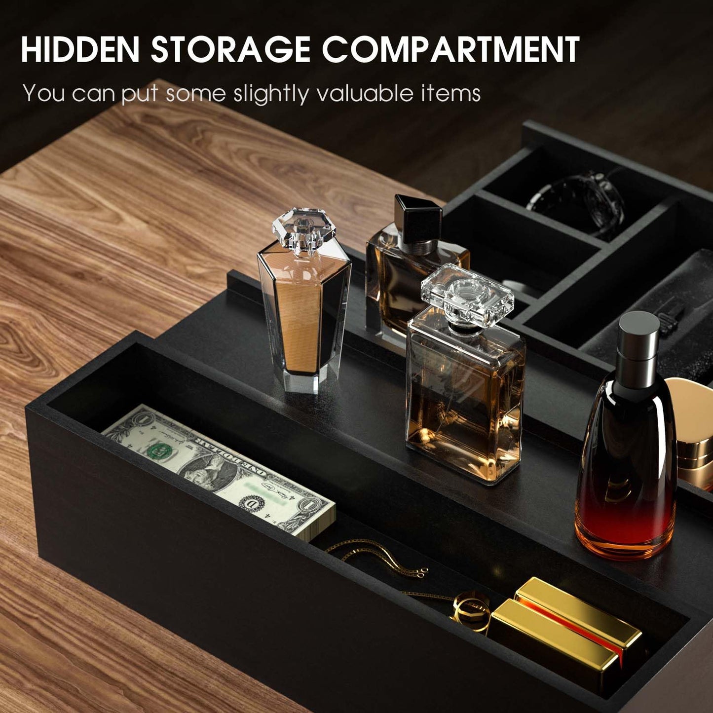 Wooden Cologne Organizer for Men, 3 Tier of Elevated Cologne Display Shelf with Drawer Storage, Perfume Organization and Storage Display Risers,Great Gift for Man (Black)