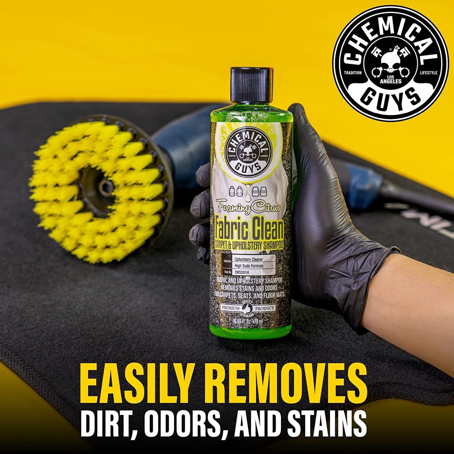 Chemical Guys Foaming Citrus Fabric Clean, Easy-to-Use Drill Brush Carpet & Upholstery Fabric Cleaning Kit (Car Carpets, Seats & Floor Mats), 473ml