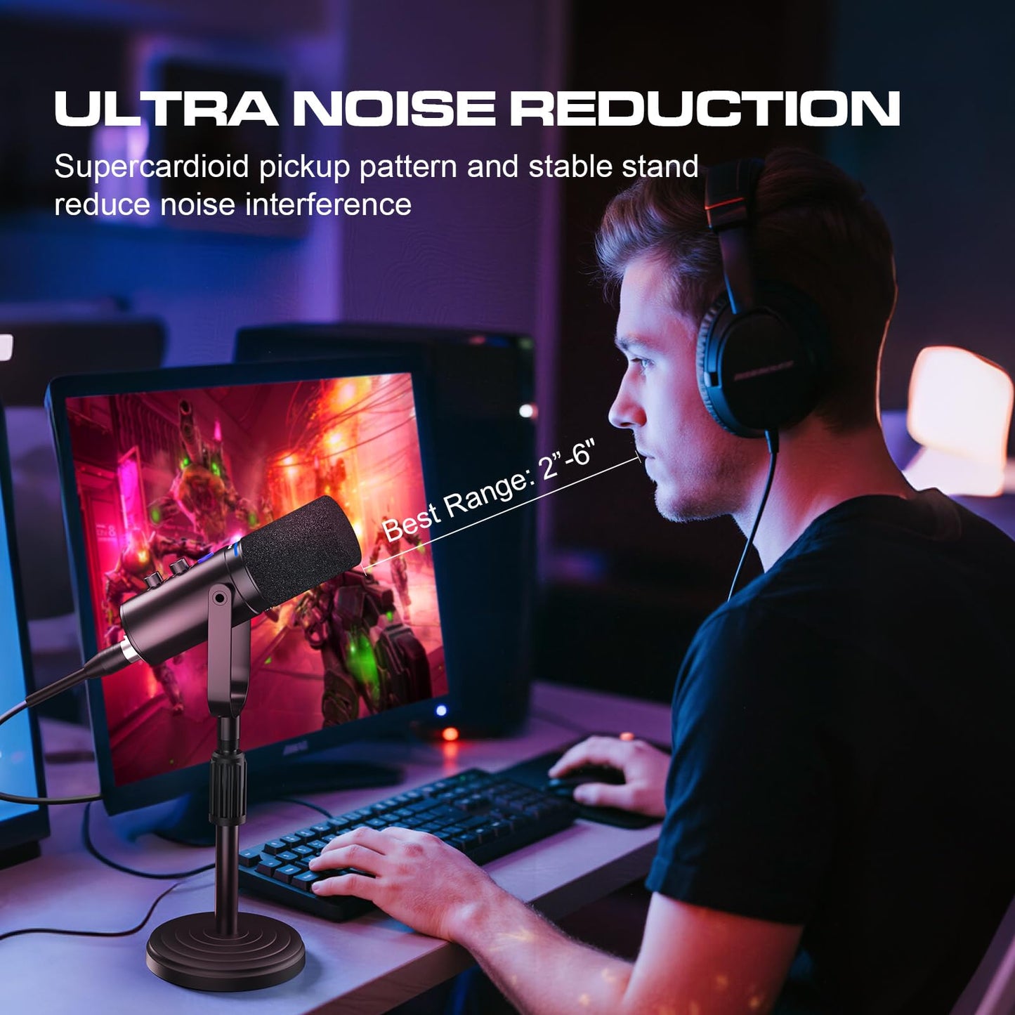 PUPGSIS USB/XLR Dynamic Microphone, 24Bit/96kHz Studio Recording, Gaming Mic with RGB, Mute, Noise Cancellation & Headphone Jack for PC, Podcast, Streaming, Singing (Black)