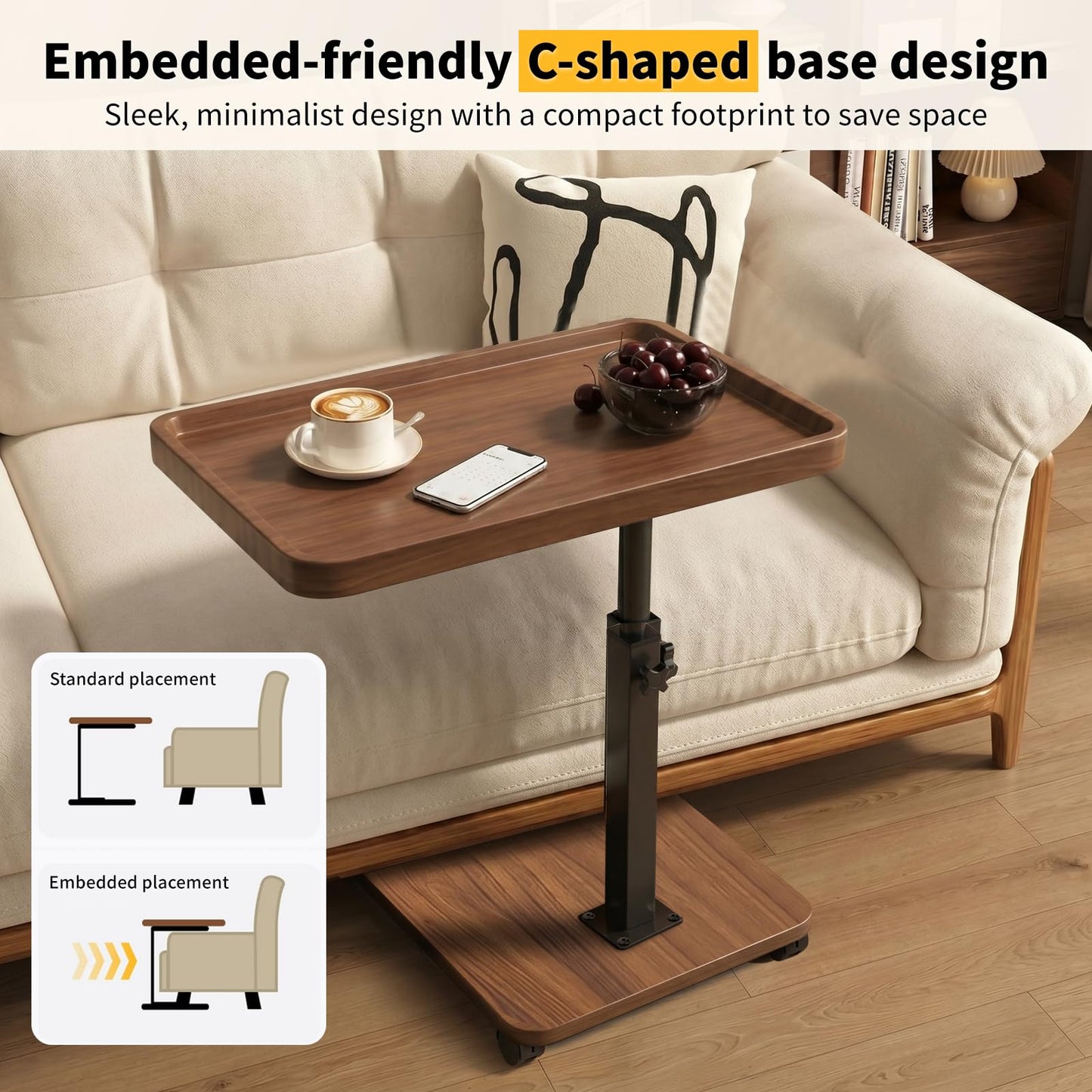 RIHEGIANT C Shaped End Table with Wheels, Adjustable Height & 360° Swivel TV Tray | Small Side Table for Living Room, Couch, Sofa, Bedside | C-Shaped Side Table