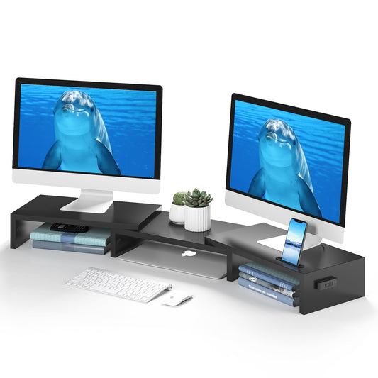 BONTEC Dual Monitor Stand for Desk, Adjustable Length and Angle Monitor Stand Riser with Smartphone Holder, Desk Shelf for Top of Desk, Computer Monitor Stand with Storage, Office Desk Organizer