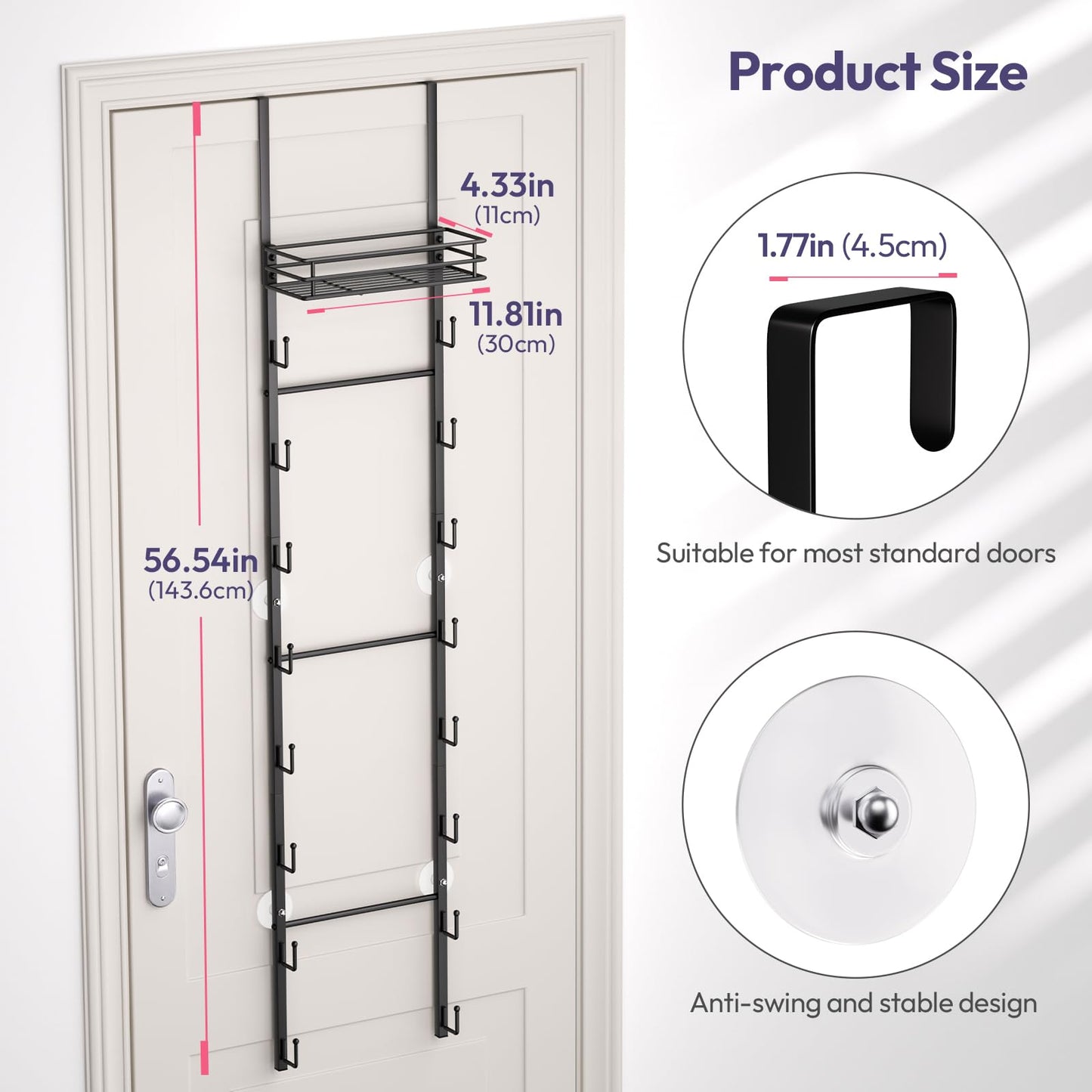 SWTYMIKI Over The Door Purse Organizer - Wall Mounted Handbag Organizer with 16 Hooks and Metal Basket, Hanging Purse Storage Rack Holds up to 16 Bags, Bag Rack Can Use As 1/2 Part, for Door, Closet