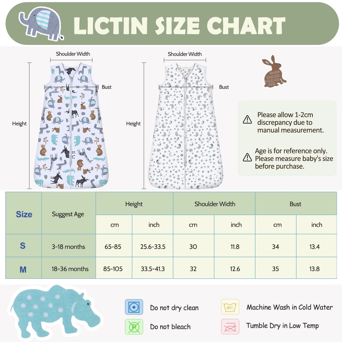 Lictin Baby Sleeping Bag -100% Cotton 2 Pcs Sleeping Sack Baby Wearable Blanket with Adjustable Length 65-85cm for 18 to 36 Months Infant Toddler