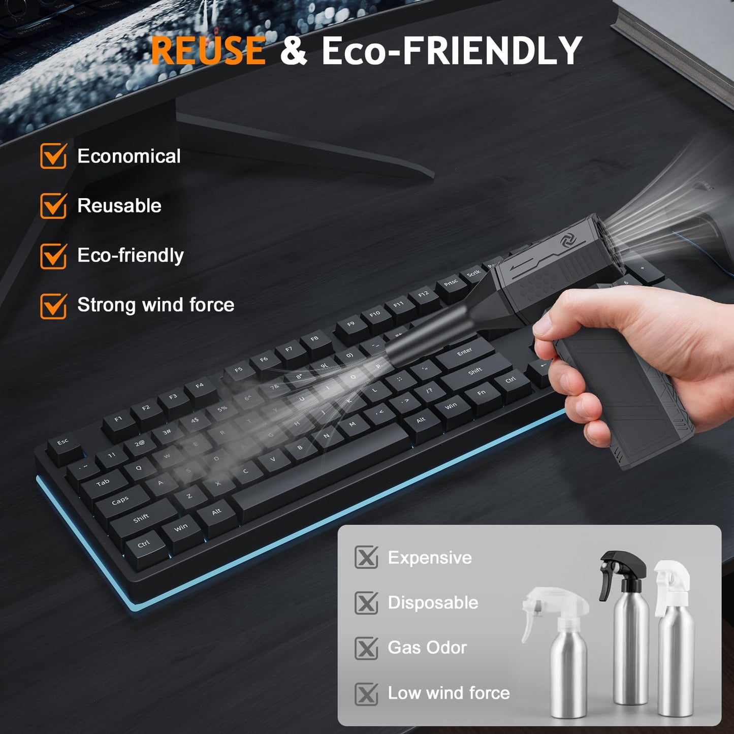 Compressed Air Duster - 180000RPM Powerful Electric Air Duster, 3 Gear Adjustable Cordless Air Blower, Rechargeable Dust Cleaner for Keyboard, Computer, House, Outdoor, Car