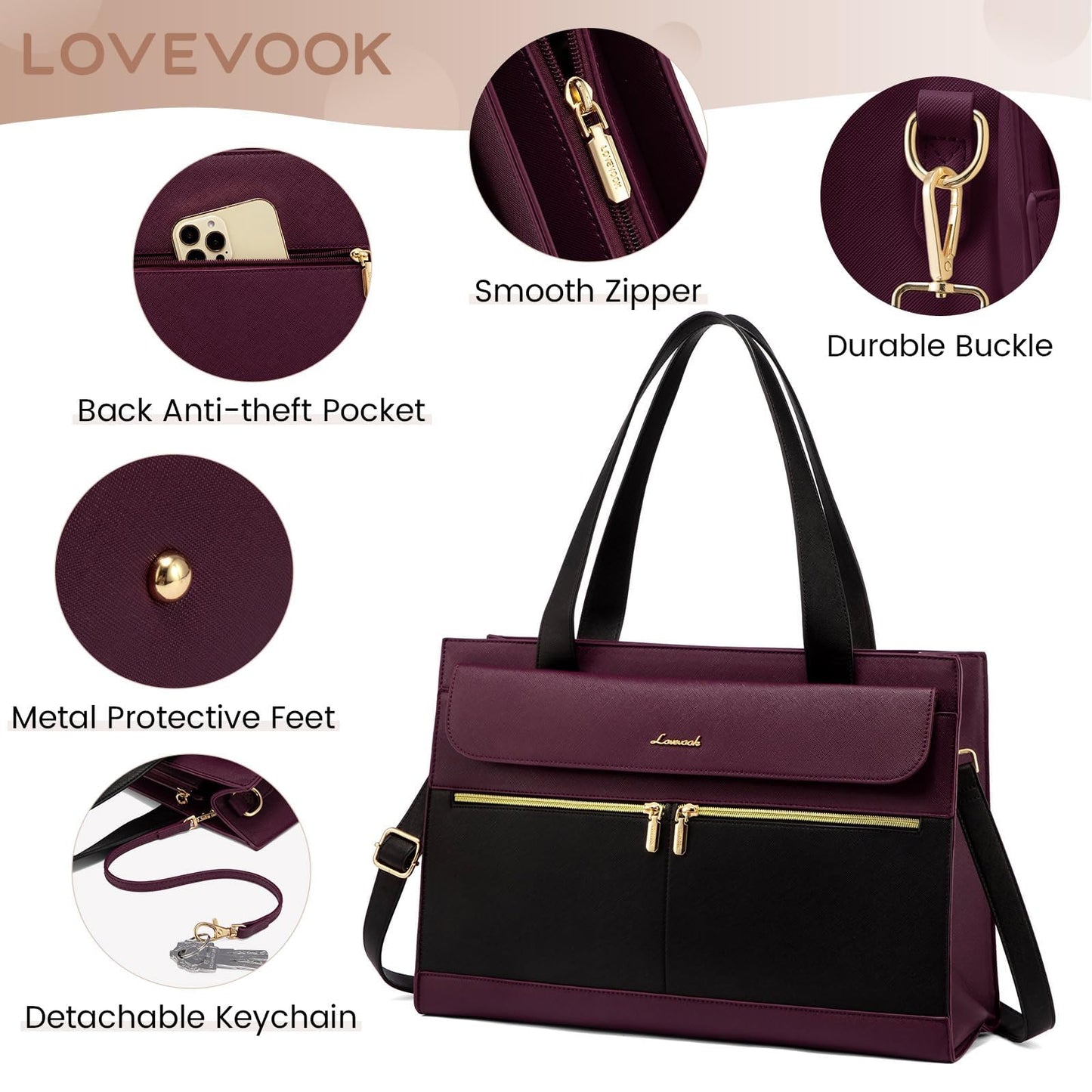 LOVEVOOK Laptop Bag for Women Leather 15.6 Inch Laptop Tote Work Bag Professional Shoulder Bag Computer Briefcase Waterproof Handbag Business Teacher Office Bag Crossbody Purse, Black-Purple