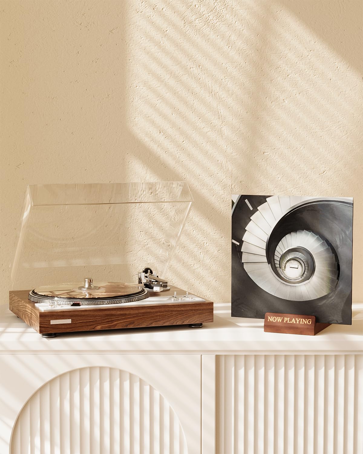 Greaittle Now Playing Vinyl Record Holder Stand, Wooden Record Storage Stand for Album Display, Vinyl Accessories for LP Lovers, Solid Wood with Engraved Design