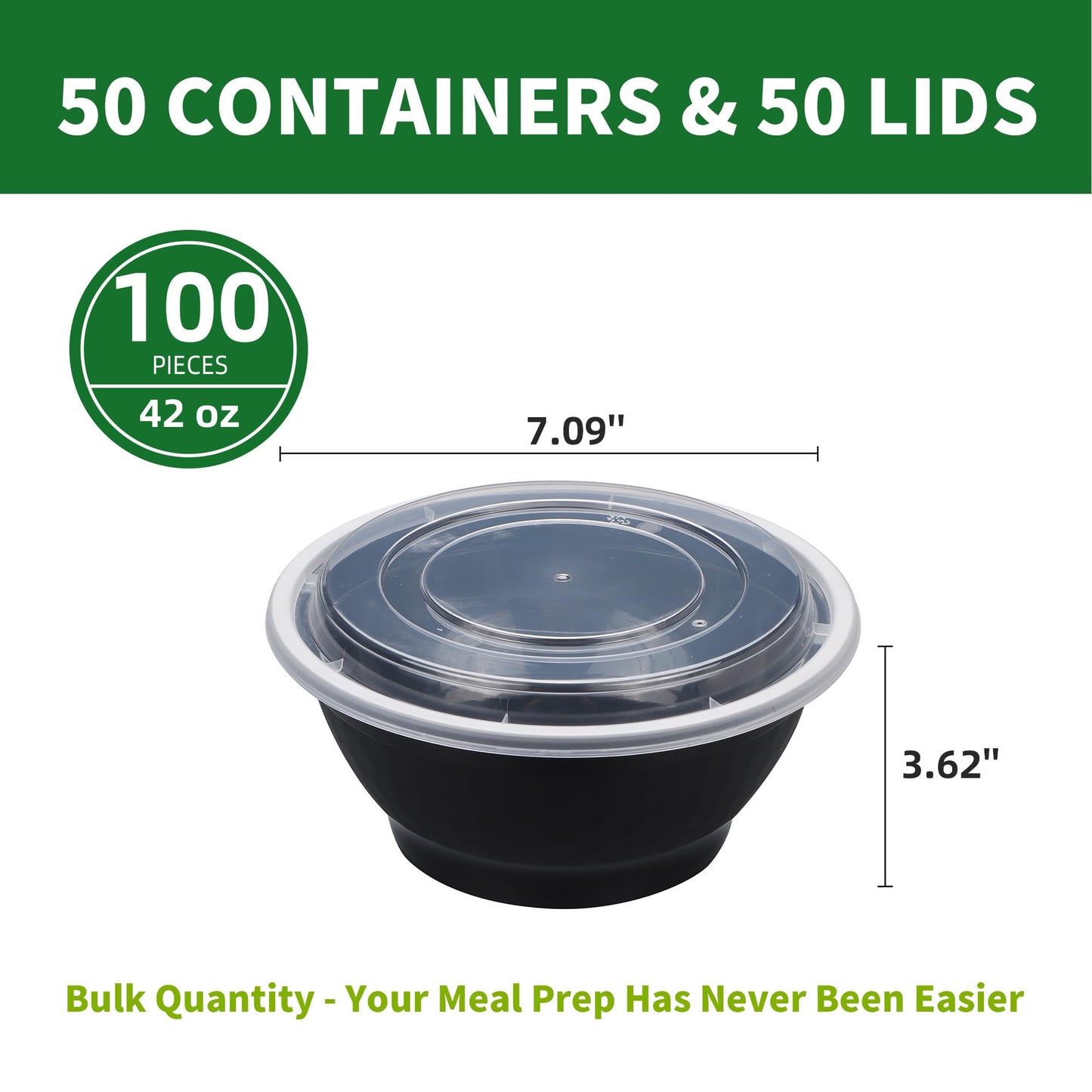 Apsic Meal Prep Bowls Containers, 50 Sets 42oz (100-Piece) Plastic Bowls with Lids for Soup Salad, Disposable To Go Food Storage Container, Round Lunch Box, BPA Free, Microwave/Dishwasher/Freezer Safe