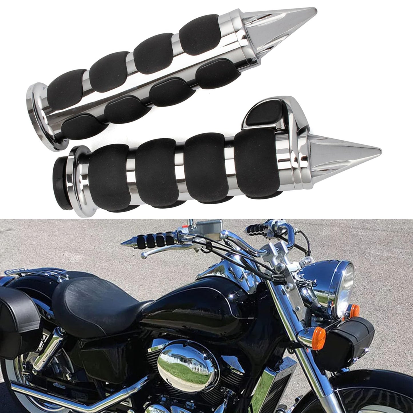 Motorcycle 1" Hand Grips Bar End Hand Handlebar Spike Chrome Black Aluminum Rubber