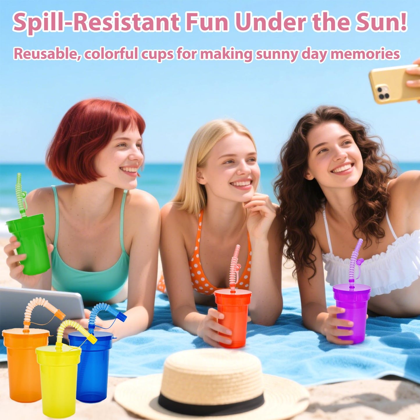 WRINGKIT 24 Pcs Plastic Cups with Lids and Straws, 12 Oz Colorful Neon Sipper Cup, Leak Proof Tumbler Cups Bulk, Reusable Juice Cups for Birthday, Events Celebrations Supplies, 6 Colors