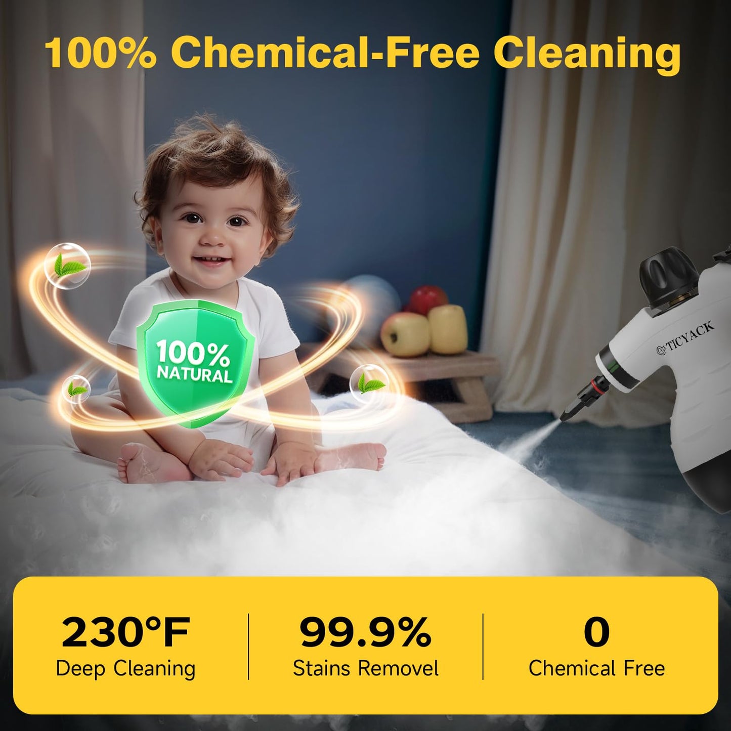 TICYACK Steam Cleaner Handheld, Steam cleaner with 16 Accessories, Hands-Free Auto Steam & Child Lock, Multi-Surface steam Cleaner for home, Kitchen, Car Detailing, Upholstery (White)