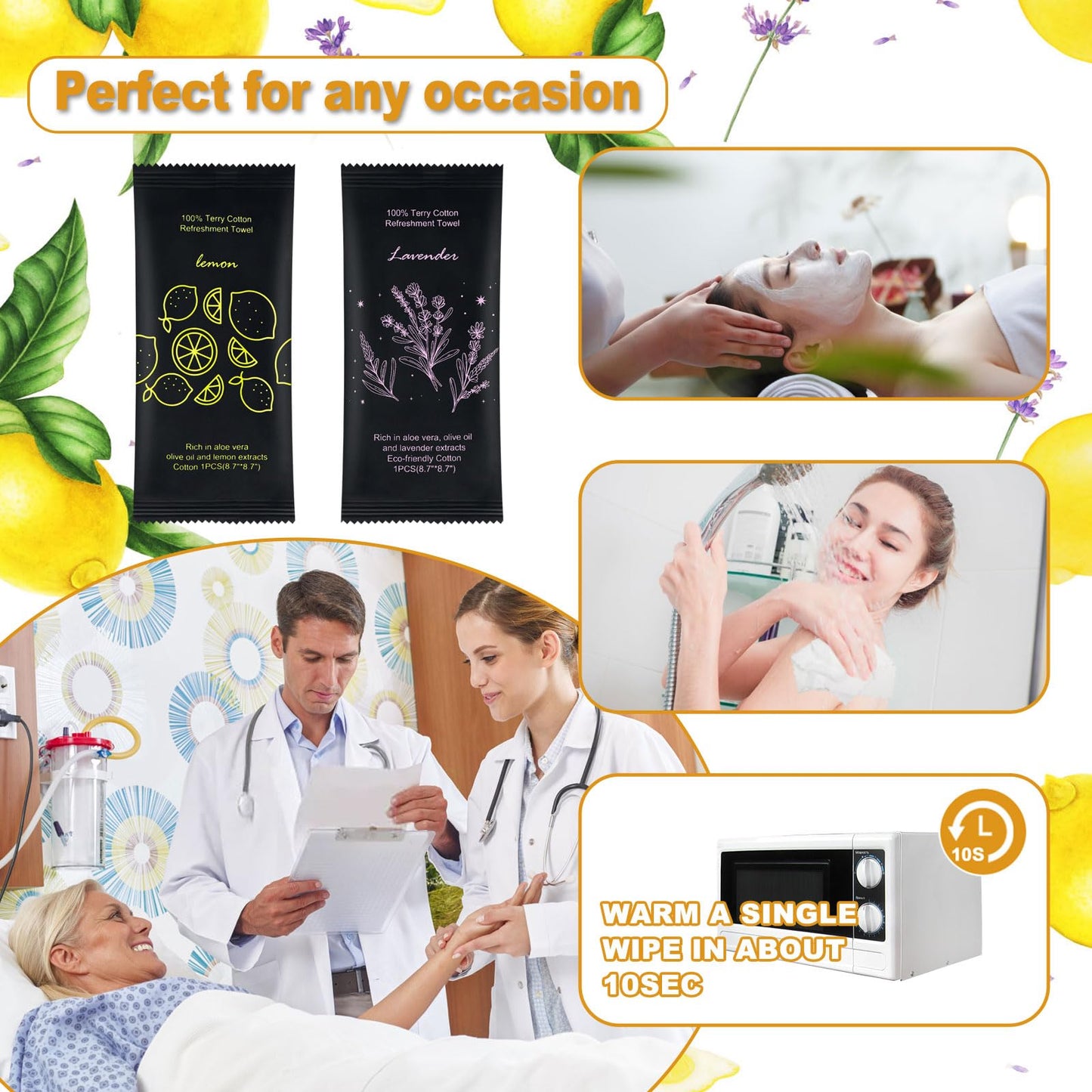 Moist Cotton Towel Bulk Moist Towelettes Individually Wrapped 8.7" x 8.7",White Towel Services,Refreshment Pre Moistened Towels Lavender and Lemon Scent for Travel Sport Party Spa Dentist Hote (1 Count (Pack of 100), Lavender and Lemon)