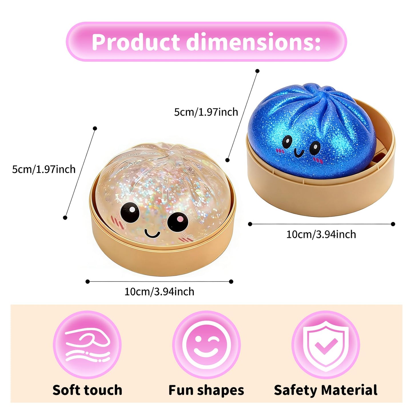 Dumpling Squishy Toy, 2PC Mystery Dumpling Squishy with Box, Glitter Squishy DumplingToy, Soft Squishy Stress Relief & Rebounding Sensory Fidget Toy for Adults