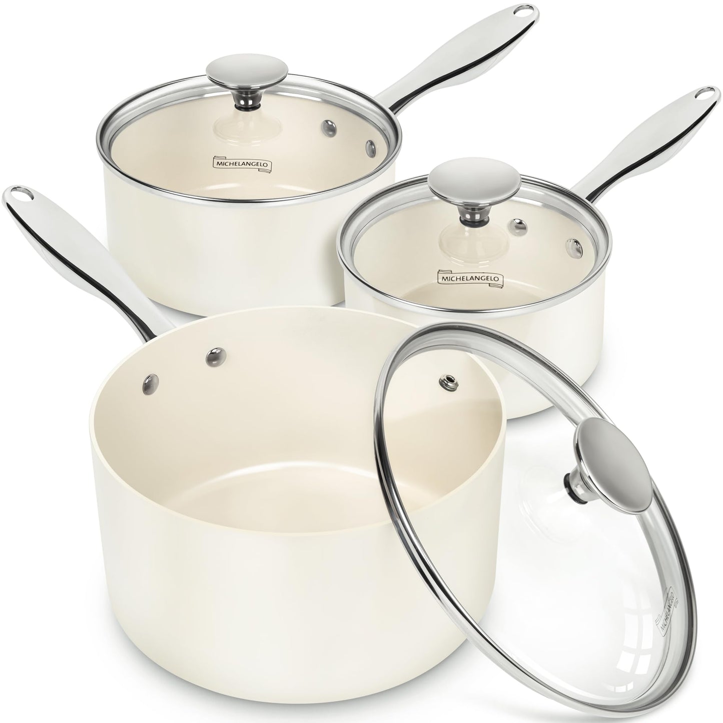 MICHELANGELO Non Stick Sauce Pan Sets, Ceramic Sauce Pan with Lid, Nonstick Saucepan Set, 1Qt & 2Qt & 3 Qt Sauce Pots for Cooking, Non Toxic Sauce Pot, Induction Compatible, White