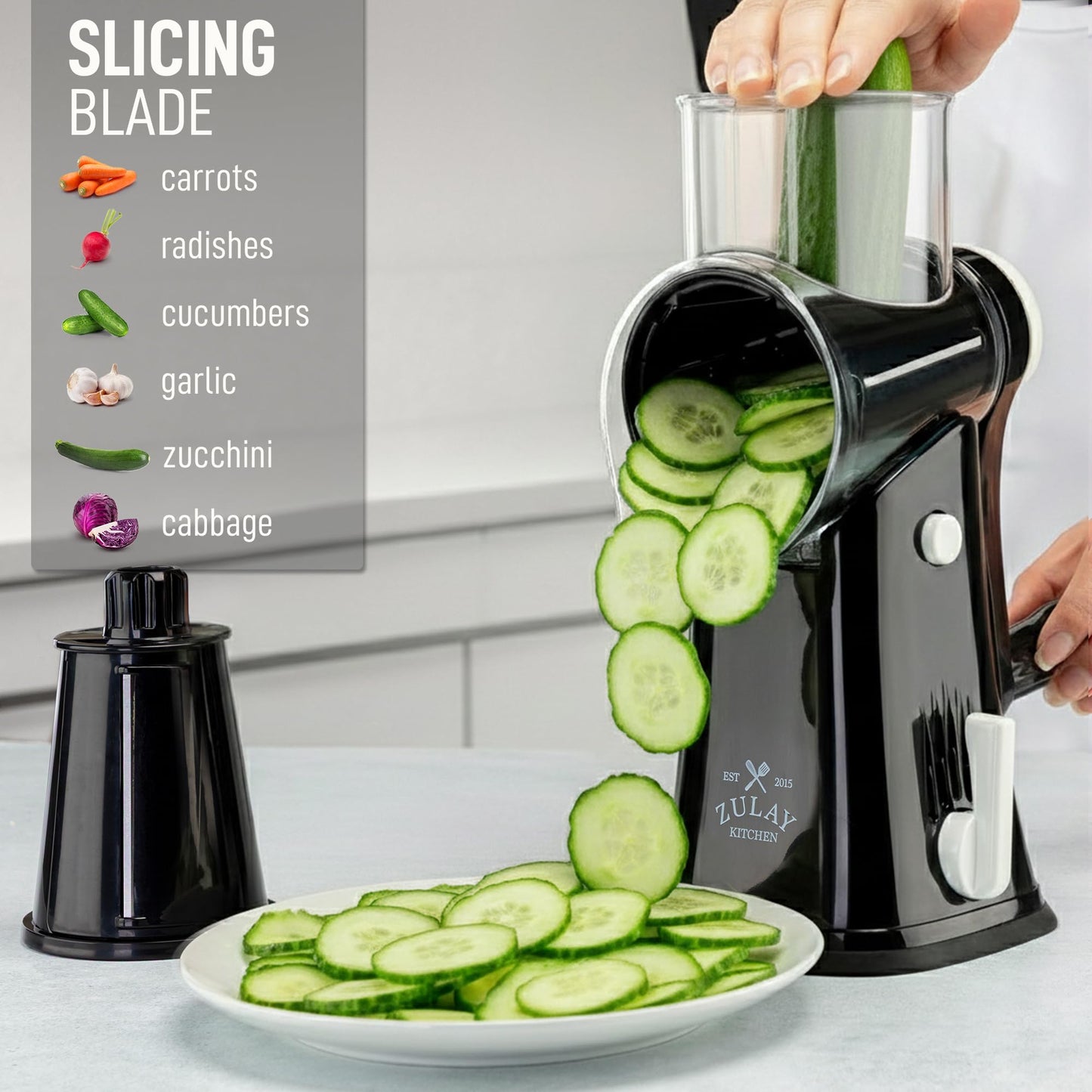Zulay Kitchen 5-Blade Rotary Cheese Grater - Manual Hand Crank Cheese Shredder with Reinforced Suction & 5 Interchangeable Drums - Vegetable Chopper & Round Mandoline Slicer
