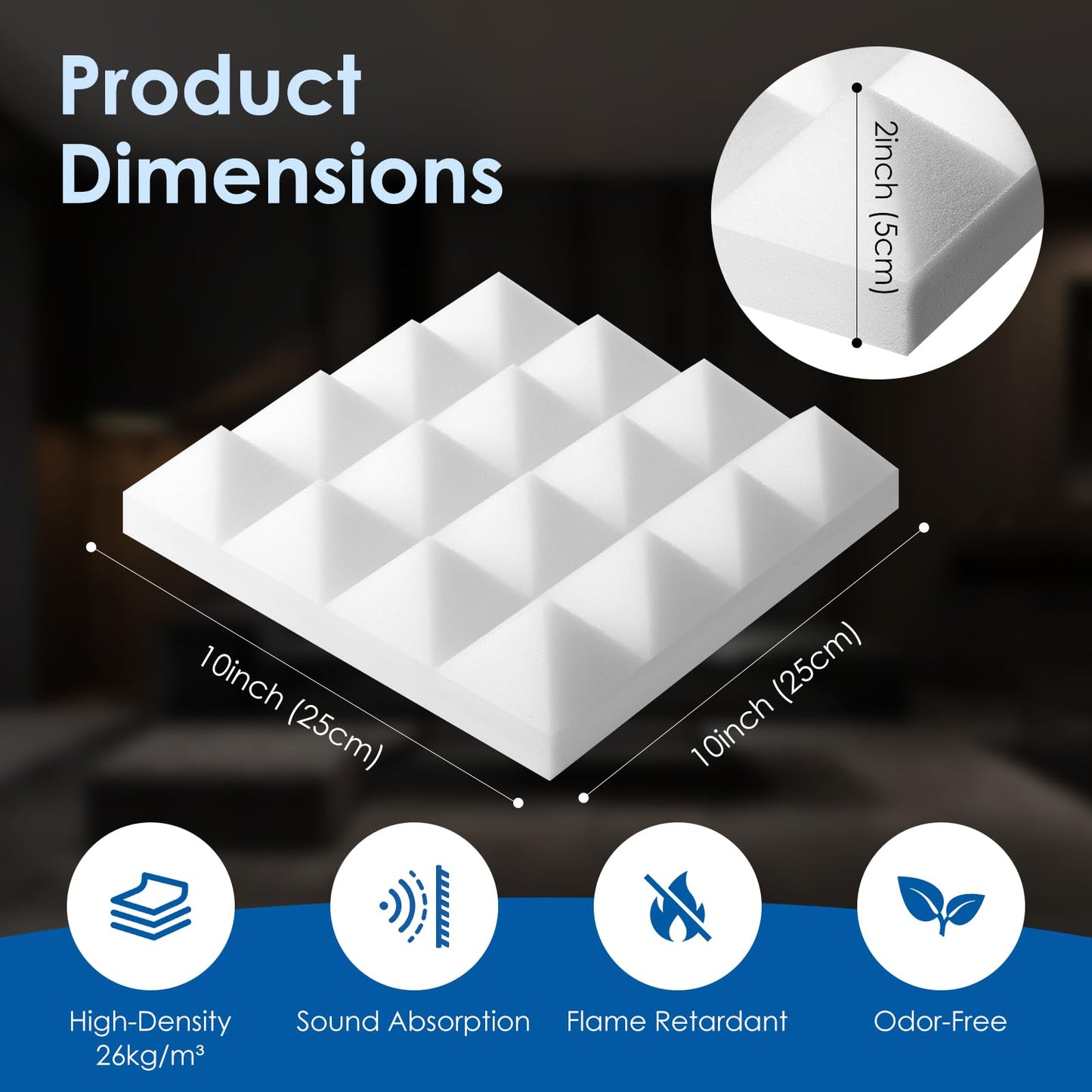 Arrowzoom 24 Pack Sound Proof Panels – High Density Pyramid Acoustic Foam 25x25x5cm for Studio, Office & Home, Noise Reduction Wall Panels, Fire Retardant – Pearl White 1034