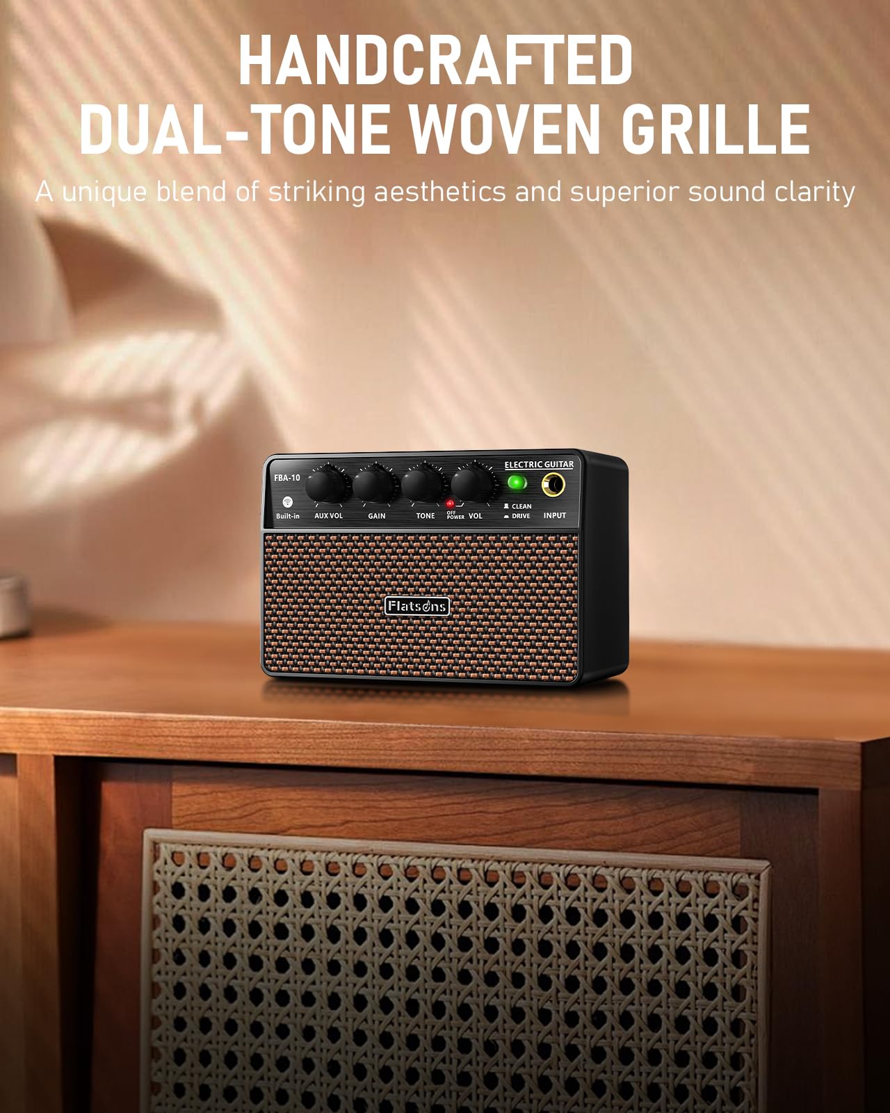 FBA-10 Guitar Amp, 10W Mini Electric Guitar Amplifier with Clean/Drive Channel, 6H Working, USB-C Rechargeable, 3.5mm Headphone/AUX Jack, Wireless Portable Amp for Indoor Practice, Traveling