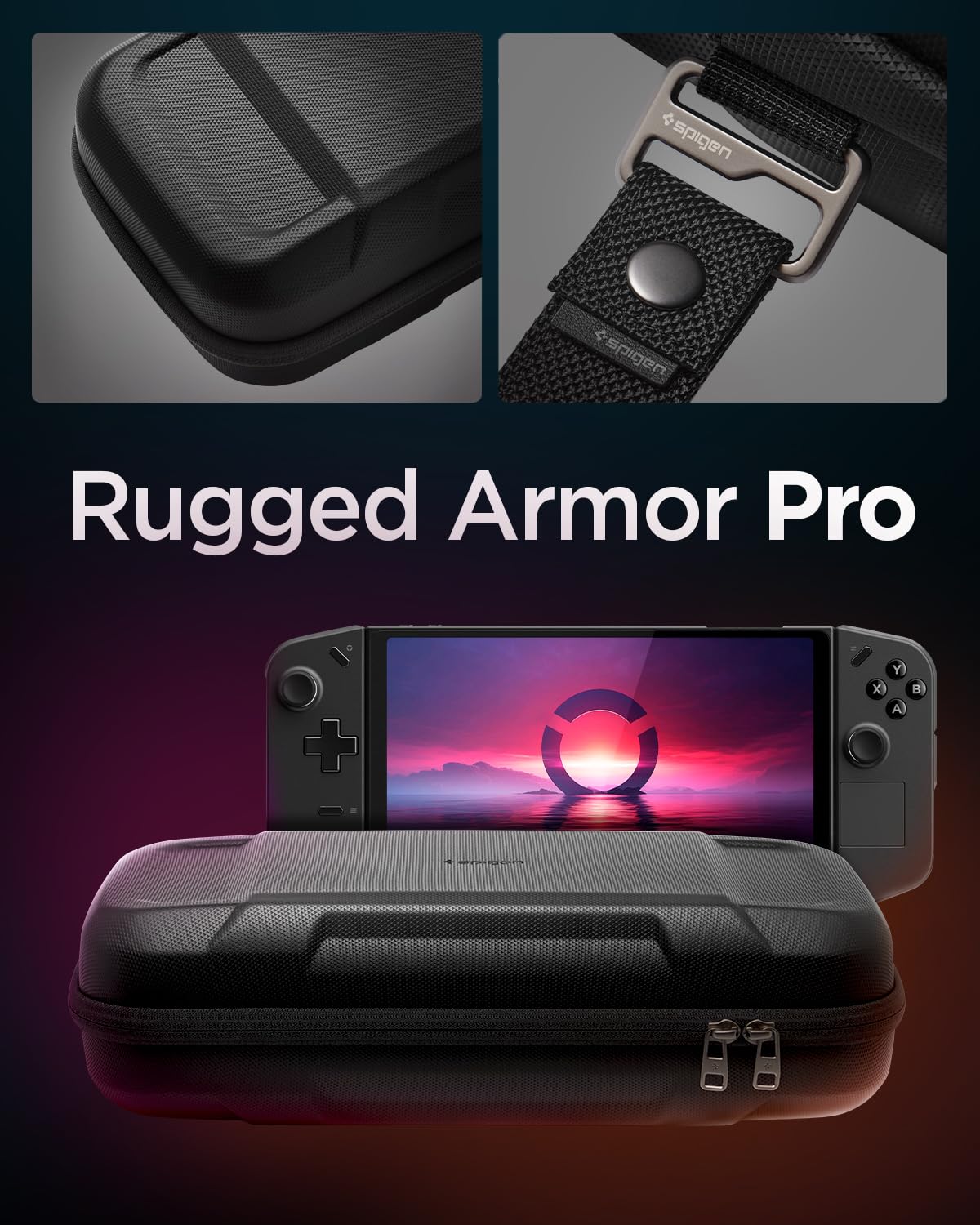 Spigen Rugged Armor Pro Designed for Lenovo Legion Go, MSI Claw 7 AI+ 8 AI+ & A8 Hard Shell Travel Carrying Case with Pockets for Accessories and Original Charger Storage Bag Case - Black