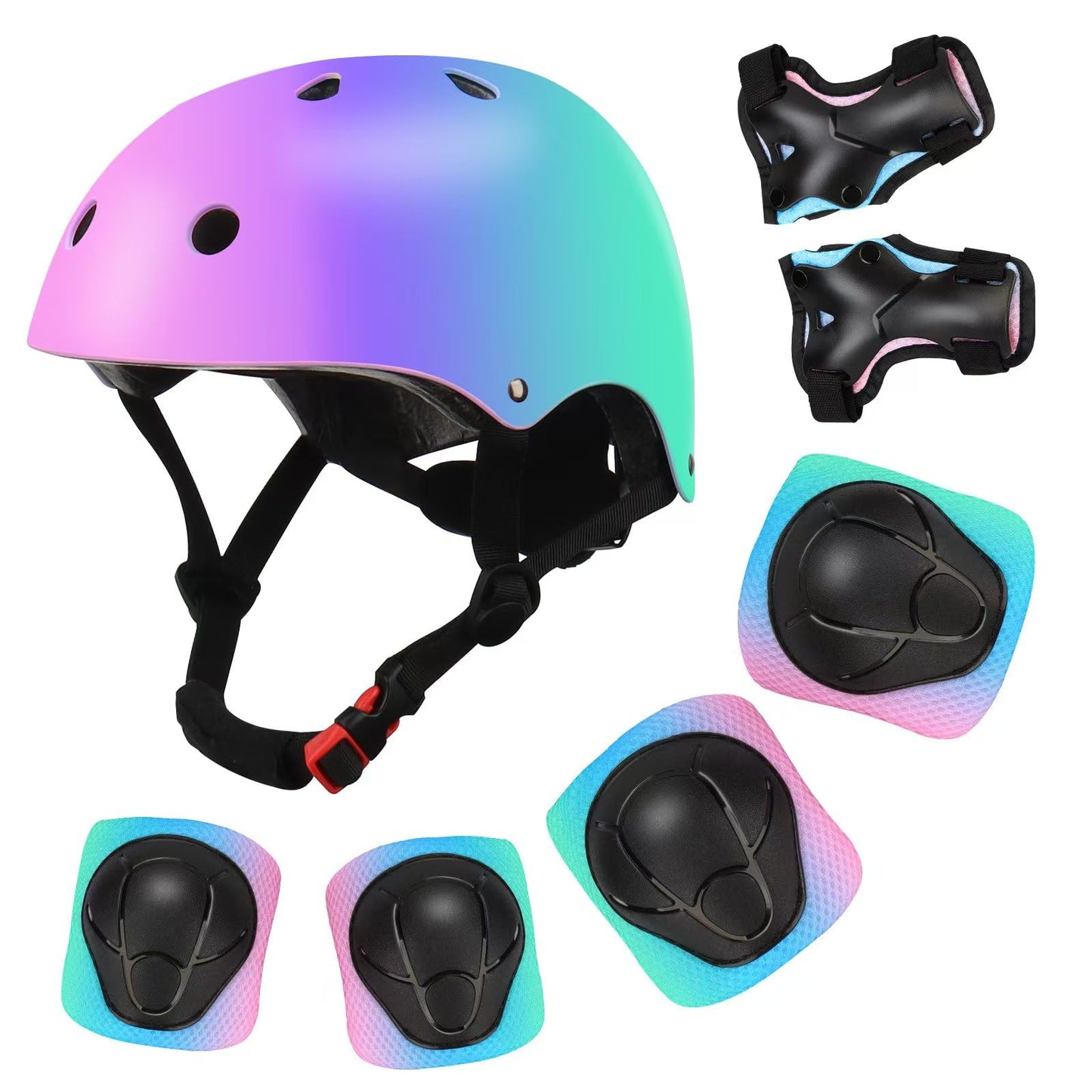 Color Gradient Adjustable Kids' Helmet with Knee & Elbow Pads Set | Multi-Sport Safety Gear for Boys & Girls Ages 3-14 | Skateboarding, Scooters, Roller & Inline Skating, Longboarding