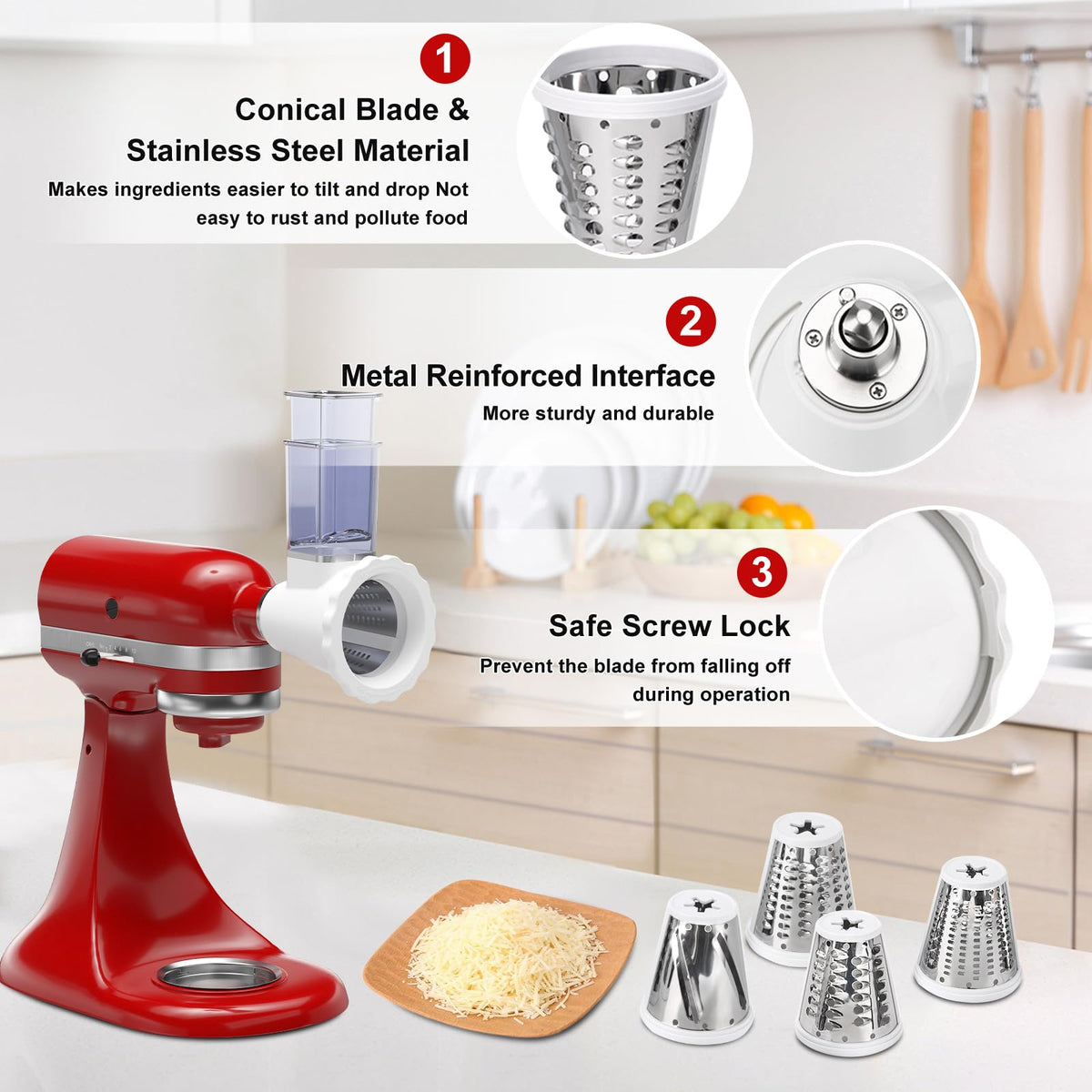 Upgraded Slicer/Shredder Attachments for All KitchenAid Stand Mixers, Food Slicers Cheese Grater Attachment, Salad Maker Accessory Vegetable Chopper with 4 Blades - Dishwasher Safe