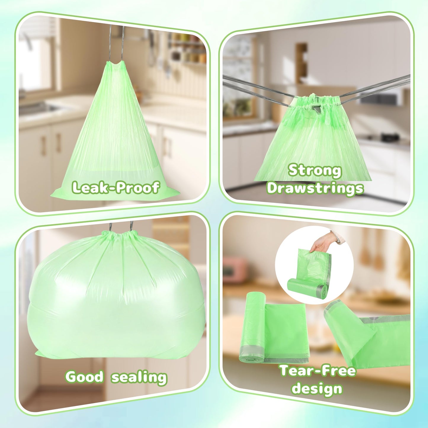 13 Gallon Drawstring Compostable Barabge Bags, 50L Biodegradable Trash Bags 108 Count, Thick Leak-Proof Kitchen Recycling Bags for Home Bathroom Office Outdoor